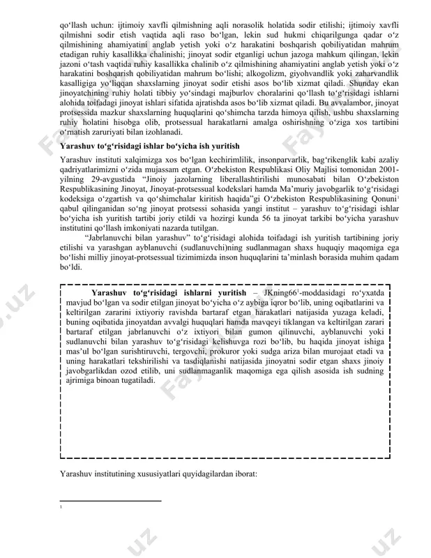 ligi.voyaga yetmagan gumon qilinuvchi va ayblanuvchi himoyachi ishtirokida soʻroq qilinadi. soʻroq qilish chogʻida tergovchining ruxsati bilan voyaga yetmaganning qonuniy vakili ishtirok etishi mumkin. voyaga yetmagan ayblanuvchini soʻroq qilishda tergovchi yoki prokurorning ixtiyoriga koʻra pedagog yoki psixolog ishtirok etishi mumkin. u tergovchining ruxsati bilan ayblanuvchiga savollar berishga, soʻroq tugaganidan soʻng esa soʻroq bayonnomasi bilan tanishib, bayonnomadagi yozuvlarning toʻgʻriligi va mukammalligi haqida oʻz fikrlarini yozma ravishda berishga haqlidir. 4) voyaga yetmaganlarga nisbatan voyaga yetmagan ayblanuvchiga nisbatan ehtiyot choralarini qoʻllashning oʻziga xosligi. jpkning 236-moddasida nazarda tutilgan asoslar boʻlgan taqdirdavoyaga yetmagan ayblanuvchiga jpkning 237-moddasida nazarda tutilgan ehtiyot choralaridan birini qoʻllash mumkin. voyaga yetmagan shaxs ota-onasi, homiy, vasiylarning qaroviga yoki, basharti, u bolalar muassasasida tarbiyalanayotgan boʻlsa, shu muassasa rahbarlarining qaroviga ham berilishi mumkin. jpkning 556-moddasida voyaga yetmagan shaxsni qarovga topshirish tartibi, 557-moddada voyaga yetmagan shaxsni bolalar muassasasiga joylashtirish tartibi, 558-moddada voyaga yetmagan ayblanuvchini qamoqqa olish tarzidagi ehtiyot chorasini qoʻllash tartibi belgilangan. tibbiy yoʻsindagi majburlov choralarini …