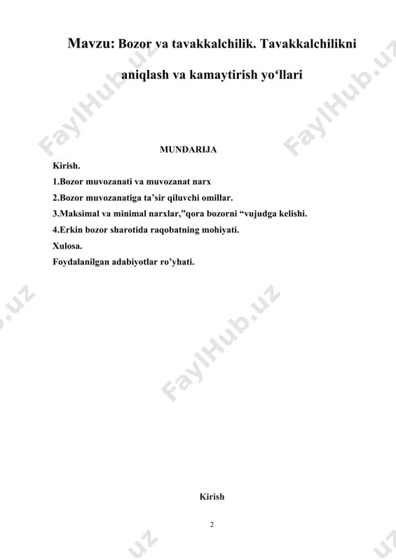 iqtisodiy barqarorlikni ta'minlashda muhim ahamiyatga ega. kurs ishining maqsad va vazifalari: maksimal va minimal narxlar mavzusidagi tadqiqotning maqsad va vazifalari quyidagilardan iborat bo'lishi mumkin: maqsadlar: 1. bozor mexanizmlarini o'rganish: maksimal va minimal narxlarning bozor muvozanatiga ta'sirini tahlil qilish. 2. ijtimoiy adolatni ta'minlash: minimal narxlar orqali aholini qo'llab-quvvatlash mexanizmlarini o'rganish. 3. inflatsiya va deflyatsiya dinamikasini aniqlash: narxlar darajasining iqtisodiy o'zgarishlarga qanday ta'sir qilishini o'rganish. 4. raqobatni baholash: maksimal narxlar raqobat va sifatga qanday ta'sir qilishi haqida tahlil o'tkazish. vazifalar: 1. nazariy asoslarni tahlil qilish: maksimal va minimal narxlar haqida mavjud iqtisodiy nazariyalarni o'rganish. 2. praktik misollarni keltirish: turli davlatlardagi maksimal va minimal narxlar misollarini o'rganish va ularning natijalarini taqqoslash. 3. iqtisodiy ko'rsatkichlarni tahlil qilish: narxlar o'zgarishining iqtisodiy ko'rsatkichlarga (masalan, ish bilan ta'minlash, inflyatsiya darajasi) ta'sirini aniqlash. 4. ijtimoiy va iqtisodiy natijalarni baholash: maksimal va minimal narxlar qo'llanilganda ijtimoiy va iqtisodiy natijalarni tahlil qilish. 5. tavsiya va takliflar ishlab chiqish: olingan ma'lumotlar …