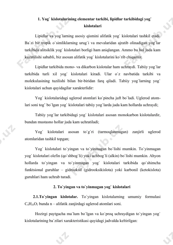 ingan kislotalar. to`yingan kislotalarning umumiy formulasi cnh2no2 bunda n – alifatik zanjirdagi uglerod atomlari soni. hozirgi paytgacha ma`lum bo`lgan va ko`proq uchraydigan to`yingan yog` kislotalarining ba`zilari xarakteristikasi quyidagi jadvalda keltirilgan: 1-jadval nomlanishi formulasi molekulyar massasi neytrallanish soni sistematik trivial metan kislotasi chumoli k-si hcooh 46,03 1218,96 etan kislotasi sirka k-si ch3cooh 60,05 934,26 propan kislotasi propion k-tasi c2h5cooh 74,08 757,36 butan kislotasi moyli k-ta c3h7cooh 88,1 636,79 pentan kislotas valerian k-tasi c4h9cooh 102,13 549,34 geksan kislotasi c5h11cooh 116,15 483,00 geptan kislotasi enant k-tasi c6h13cooh 130,18 430,96 dodekan kislotasi laurin k-tasi c11h23cooh 200,31 280,08 tetradekan kislotasi miristin k-tasi c13h27cooh 228,36 245,68 geksadekan kislotasi pal’mitin k-tasi c15h31cooh 256,42 218,8 geptadekan kislotasi margarin k-tasi c16h33cooh 270,44 207,45 oktadekan kislotasi stearin k-tasi c17h35cooh 285,47 197,23 eykozan kislotasi araxin k-tasi c19h39cooh 312,52 179,52 dokozan kislotasi begen k-tasi c21h43cooh 326,55 171,81 chumoli, sirka va propion kislotalari tabiiy yog`lar tarkibida juda kam uchraydi. moyli (maslyanaya kislota), geksan, …