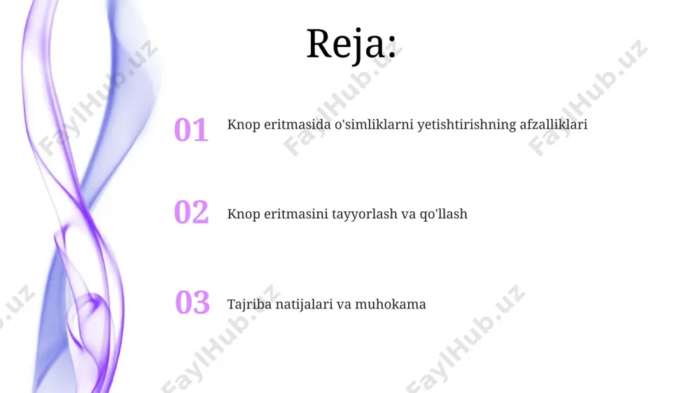 lfat, 0,25 mg/l marganets sulfat va boshqalar. bu nisbatlar o'simliklarning sog'lom o'sishi uchun muhimdir, samarqanddagi tajribalar buni tasdiqlaydi. knop eritmasini tayyorlashda aniq o'lchovlarga rioya qilish juda muhimdir. masalan, 10 litr eritma uchun 5 gramm magniy sulfat qo'shiladi. xatoliklar o'simliklarning o'sishini sekinlashtirishi mumkin, bu andijon viloyatidagi tajribalarda aniqlangan. knop eritmasi kamchiliklari knop eritmasi, ayniqsa, katta hajmdagi gidroponik tizimlarda, eritmaning tez buzilishi va ph darajasining oʻzgarishiga moyilligi bilan tavsiflanadi, bu esa oʻsimliklarning oʻsishiga salbiy ta'sir qiladi, masalan, aqshning kaliforniya shtatida oʻtkazilgan tadqiqotlar shuni koʻrsatdiki, 3 kundan keyin eritma ph darajasi 6 dan 8 gacha oʻzgaradi knop eritmasi tarkibidagi tuzlarning yuqori konsentrasiyasi tufayli, oʻsimlik ildizlarida tuzli stress paydo boʻlishi mumkin, bu esa oʻsimliklarning suvni singdirish qobiliyatini pasaytiradi va hindistonning bengalor shahridagi tajribalar shuni koʻrsatdiki, yuqori konsentrasiyadagi eritmada oʻsimliklarning oʻsish sur'ati 20% ga kamayadi. xulosa кноп эритмасида ўсимликларни етиштиришда хулоса тажрибаларининг 2023 йилдаги натижалари тошкент шаҳридаги илмий марказларда 15% га юқори ҳосилдорлик кўрсаткичларини тасдиқлади. …