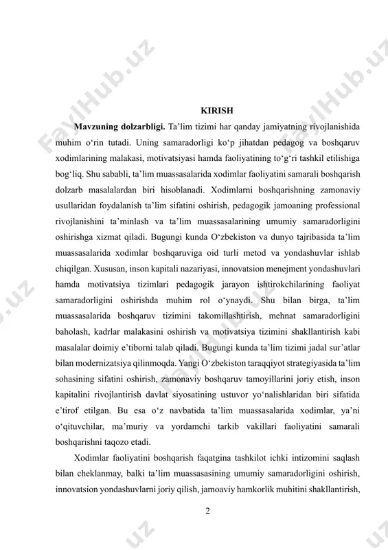 yondashuvlari hamda motivatsiya tizimlari pedagogik jarayon ishtirokchilarining faoliyat samaradorligini oshirishda muhim rol o‘ynaydi. shu bilan birga, ta’lim muassasalarida boshqaruv tizimini takomillashtirish, mehnat samaradorligini baholash, kadrlar malakasini оshirish va motivаtsiyа tizimini shakllantirish kabi masаlаlar dоimiy e’tiborni talab qiladi. bugungi kunda ta’lim tizimi jadal sur’atlar bilan modernizatsiya qilinmoqda. yangi o‘zbekiston taraqqiyot strategiyasida ta’lim sohasining sifatini oshirish, zamonaviy boshqaruv tamoyillarini joriy etish, inson kapitalini rivojlantirish davlat siyosatining ustuvor yo‘nalishlaridan biri sifatida e’tirof etilgan. bu esa o‘z navbatida ta’lim muassasalarida xodimlar, ya’ni o‘qituvchilar, ma’muriy va yordamchi tarkib vakillari faoliyatini samarali boshqarishni taqozo etadi. xodimlar faoliyatini boshqarish faqatgina tashkilot ichki intizomini saqlash bilan cheklanmay, balki ta’lim muassasasining umumiy samaradorligini oshirish, innovatsion yondashuvlarni joriy qilish, jamoaviy hamkorlik muhitini shakllantirish, o‘qituvchi va rahbarlar o‘rtasida motivatsiyani rag‘batlantirish kabi bir qator omillarni o‘z ichiga oladi. boshqaruvning zamonaviy shakllari, xususan, inson resurslarini boshqarish, strategik rejalashtirish, kpi tizimi, kompetensiyalarga asoslangan baholash metodlari ta’lim sohasiga ham faol tatbiq etilmoqda. ta’lim muassasalarida xodimlar …