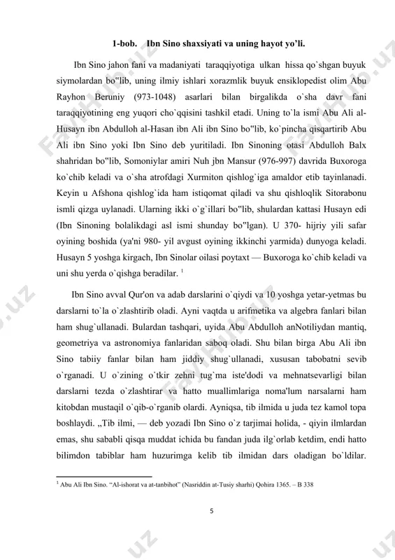 n beruniy (973— 1048) shular jumlasidandir . o`z siyosatida ko`proq reaksion yo`l tutgan va har qanday hur fikrni bo`g`uvchi g‟azna hukmroni sulton mahmud (998-1030) xorazm yerlarini o`z davlatiga qo`shib olishga harakat qiladi. unga tobe bo`lishni istamagan ibn sino taxminan 1010-1011 - yillarda xorazmdan maxfiy ravishda chiqib xuroson tomon yo`l oladi. niso, abivard (bu shaharlar hozirgi turkmaniston yerida bo`lgan) va boshqa shaharlarda qisqa vaqt 7 turgandan keyin kaspiy dengizining janubi-sharqida joylashgan jurjon amirligiga yetib keladi. bu yerda u abu ubayd juzjoniy bilan tanishadi, shundan boshlab bu yigit ibn sinoga eng yaqin va sodiq shogird bo`lib qoladi va ustozining oxirgi nafasigacha undan ajralmaydi. juzjoniy ibn sinoning to jurjonga kelgunigacha bo`lgan tarjimai holini uning o`z og`zidan yozib olgan, ustoz hayotidagi undan keyingi voqealarni ham o`zi yozib to`ldirgan, shu tufayli biz ibn sinoning hayoti va ijodi haqida juda ishonchli manbaga egamiz. ko`p o`tmay ibn sino jurjonda o`zining ilmiy ishlari va tabiblik faoliyatini boshlab yuboradi. …