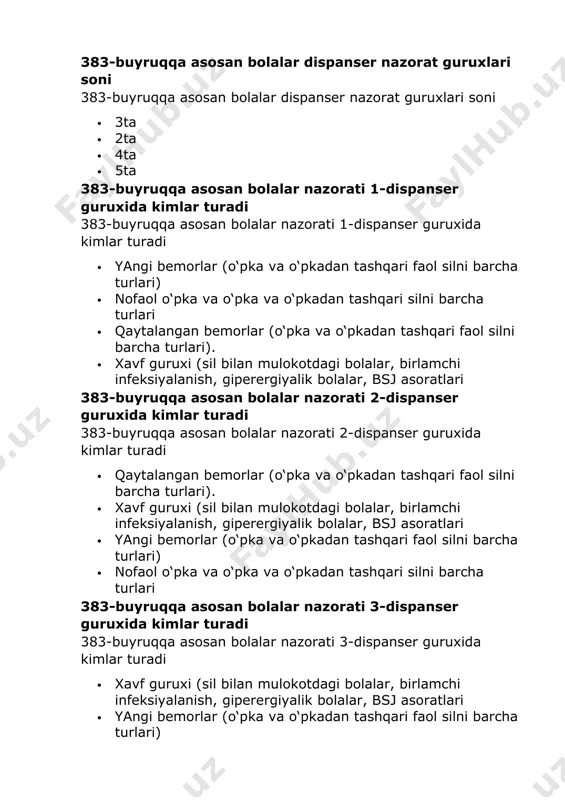 tibon,kanamitsin,3-tubazid,etambut ol agar bemor balg‘amida bk+ bo‘lsa oilaviy shifokor qanday yo‘l tutadi agar bemor balg‘amida bk+ bo‘lsa oilaviy shifokor qanday yo‘l tutadi · xudud ftiziatriga yo‘llanma yozib beradi · silga qarshi dispanseriga yo‘llanma yozib beradi · xech qanday tadbir qo‘llamaydi · terapevtga yo‘llanma yozib beradi aholi soni 50000 dan kam bo‘lganda silga qarshi dispanser qanday tashkil ... aholi soni 50000 dan kam bo‘lganda silga qarshi dispanser qanday tashkil qilinadi · tuman tibbiyot birlashmasi tarkibida bo‘lim · silga qarshi kurash dispanseri · silga qarshi ambulatoriya · silga qarshi kurash sanatoiyalari aktiv silli bemor guruhlariga taaluqli emas: aktiv silli bemor guruhlariga taaluqli emas: · sil o‘tqazgan, katta qoldiq o‘zgarishlari bor shaxslar · segmentar joylashgan sirrotik sil bor shaxslar · o‘pkasida 4 sm diametrli tuberkulomasi bor bemorlar · o‘choqli sil bor bemorlar aleksandrov simptomi nima aleksandrov simptomi nima · zararlangan tizza bugimi terisini kalinlashib kolishi · zararlangan tomonda shish bulishi · oyokni tizza …