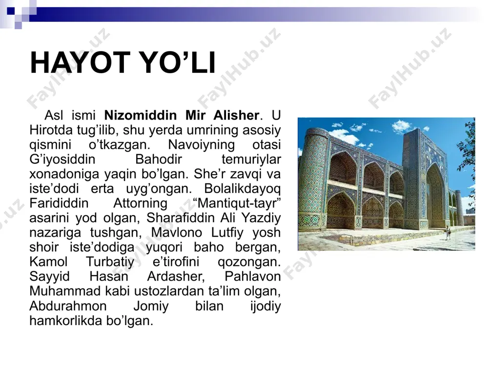 ijtimoiy-siyosiy, iqtisodiy, ilmiy, ma’rifiy, ahloqiy va estetik munosabati aks ettirilgan. podshoh bilan ulusning insonlik nuqtai nazaridan ayirmasiz, farqsizligini, podshohning hunar, axloq, adl, insof, mantiq, taqvo yo’lida ulusdan o’ta olmaganini anglatish bilan o’zining adolatli shoh haqidagi qarashlarini anglatadi. www.arxiv.uz www.arxiv.uz nasriy asarlari navoiy merosining salmoqli qismi nasriy asarlardan iborat. ular ijtimoiy-siyosiy, axloqiy-ta’limiy va ilmiy-falsafiy yo’nalishdadir. “mahbubul-qulub”(1500-01) navoiyning so’nggi yirik asari bo’lib, unda ulug’ mutafakkir adibning hayoti davomidagi kuzatishlari, to’plagan boy tajribasi o’z yuqori darajasida aksini topgan. uch qismdan iborat bu asarda “soriun-nosning af’ol va ahvolining kayfiyati” (1), axloqiy muammolar (2), “mutafarriqa favoyid va amsol surati” (3) masalalari ifodalangan. “xamsatul-mutahayyirin”(“besh hayrat”,1494) asarida ustozi va do’sti abdurahmon jomiy, uning hayoti lavhalari, tariqati, yozishmalari, asarlari haqida hayratomuz hikoyalar keltiriladi. “holoti sayyid hasan ardasher” (1488-89), “holoti rahlavon muhammad”(1493) asarlari manoqib-holot yo’nalishida bo’lib, ularda shoirga ustozlik qilgan buyuk shaxslar hayoti, faoliyati yoritilgan. “munshaot” (1498-99) navoiyning maktublari to’plami (jami 88 ta xat) bo’lib, ular sog’inchlik xatlari, navro’z …