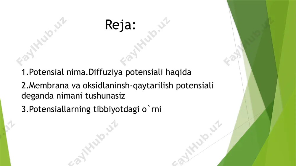 elektrolitlar, konsentrasiyalari farqi hisobiga, hujayradan tashqariga yoki hujayra ichiga diffuziyalanadi. shunda tabiati boʻyicha diffuziya potensiali boʻlgan - shikastlanish potensiali hosil boʻladi uning qiymati 30–40 mv ni tashkil qiladi. sekin-asta bir soat davomida uning qiymati nolgacha tushadi. odatda, shikastlangan toʻqima shikastlanmaganga qaraganda manfiy zaryadlanadi. membrana potensiali membrana potensiali – membrananing ikki tarafida, ionlar konsentratsiyasining farqi hisobiga hosil boʻladigan potensial. odam organizmidagi biologik jarayonlar turli xil elektrokimyoviy hodisalar bilan bogʻliq. “hujayra-atrof muhit” chegarasida har doim potensiallar ayirmasi mavjud. u tinch holat potensiali deyiladi. hujayra ichida kaliy ionlari koʻproq va natriy ionlari kamroq boʻladi. hujayradan tashqarida bunga teskari holat boʻladi. hujayra membranasi orqali faqat kaliy ionlari oʻtib membrana tashqarisida musbat, ichkarisida esa manfiy zaryad hosil bo shuning natijasida hosil boʻlgan elektrostatik kuchlar musbat zaryadlarni chiqishini davom etishiga toʻsqinlik qila boshlaydi va membrana chegarasida tinch holat potensiali hosil boʻladi. turli toʻqimalar hujayralari uchun bu potensial qiymati turlicha: asab toʻqimalarida 60–80 mv, mushak toʻqimalarida – …