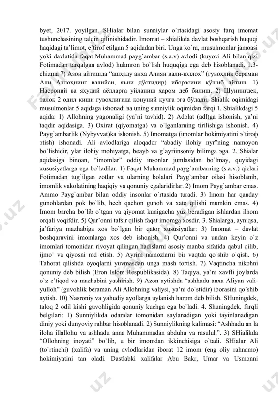 dalari ichida asqaloniy, badriddin ayniy, mulla ali qori kabilar bor. shunga o`xshash islomiy ilmlarning barcha sohalarida ahli sunna val-jamoaning o`z maktablari mavjud. xx asr oxirida islomning dunyodagi siyosiy mavqei kuchayishi natijasida sunniylik va shialik o`rtasidagi munosabatlar ham keskinlashgan. bunday holat mamlakatlar o`rtasidagi (eron-iroq), shuningdek, turli mamlakatlarning ichki hayotida (saudiya arabistoni livan) ham ko`zga tashlanib, ko`p holatlarda uchinchi darajali ahamiyat kasb etgan (eron –iroq) yoki osongina hal etilgan. sunniylikning ko`pgina o`ziga xos hususiyatlari hozirgi vaqtda islomning haqiqiy demokratik din ekanligini isbot qilishda dalil sifatida ko`rsatilmaydi. islom olamidagi davlatlar aholisining ko`pchiligini (eron va iroqdan tashqari) sunniylar tashkil etadi. 2. shialik (arab, gurux, tarafdorlar, partiya, ya’ni alining guruhi degan ma’noni anglatadi) – islomdagi ikkinchi yo`nalishdan biri. ali va uning avlodini muhammad payg`ambar s.a.v.ning birdan-bir qonuniy vorislari deb tan olinadigan turli yo`nalish va sektalarning umumiy nomidir. o`zining tarqalishi va ijtimoiy-siyosiy mohiyati jihatidan sunniylikdan keyingi o`rinda turadi. jahondagi musulmonlarning taxminan 8% i shialikka mansub. shialik …