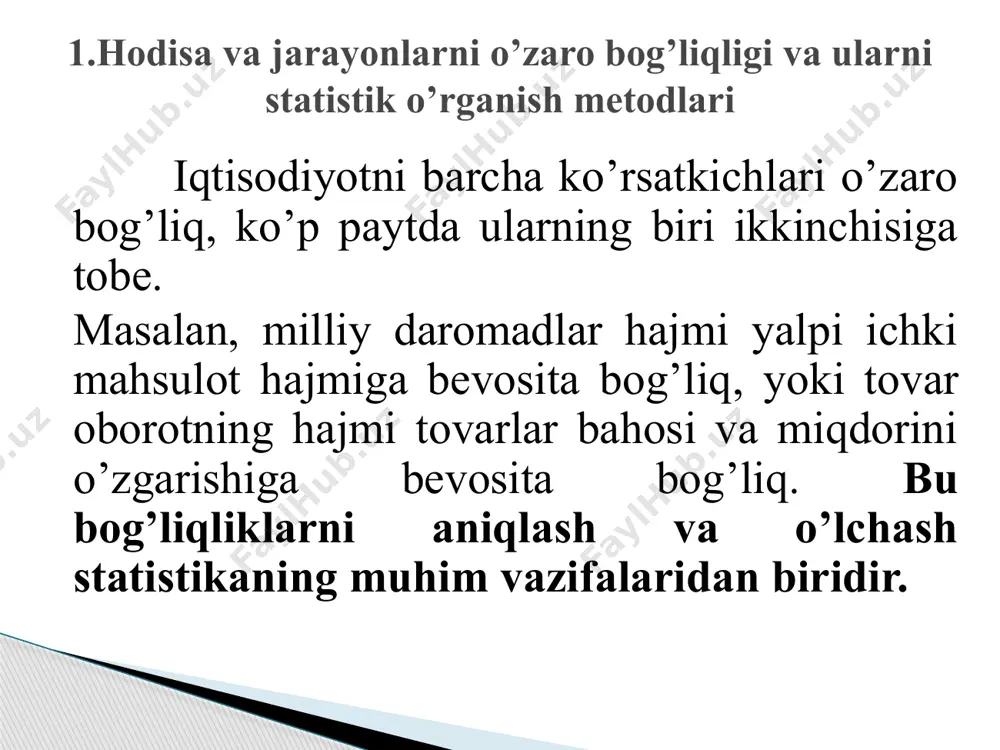 ash; belgilar o’rtasidagi bog’lanishni ifodalovchi regressiya tenglamasini aniqlash va uning parametrlarini hisoblash; bog’lanish zichligi va kuchini o’lchash. agar omil belgi (x) ning ortishi (yoki kamayishi) bilan natijaviy belgi ham ortib (yoki kamayib) borsa, ular o‘rtasidagi bog`lanish to‘g`ri bog`lanish deyiladi. aksincha, natijaviy belgining o‘zgarish yo‘nalishi omil belginikiga qarama-qarshi bo‘lganda bog`lanish teskari bo‘ladi. analitik ifodalarning ko’rinishiga qarab bog’lanishlar ikki turga, ya’ni: to’g’ri va egri chiziqli bog’lanishlarga bo’linadi. to’g’ri chiziqli bog’lanishda omil belgining o’zgarishi bilan natijaviy belgining o’zgarishi bitta yo’nalishda bo’ladi, ya’ni omil belgi oshib borsa, natijaviy belgi ham oshib boradi va aksincha. egri chiziqli bog’lanish (chiziqsiz bog`lanish) da esa, omil belgining o’zgarishi bilan natijaviy belgi ma’lum bir vaqtgacha u bilan parallel o’zgarib boradi, ma’lum bir nuqtaga etgandan so’ng natijaviy belgining o’zgarish yo’nalishi o’zgara boshlaydi. omil va natijaviy belgi orasidagi bog’liqlik analitik ifodalanishiga ko’ra quyidagi ko’rinishda bo’lishi mumkin: bu erda : u va x - regressiya tenglamasining o’zgaruvchilari; a0 – ozod xad; a1 …