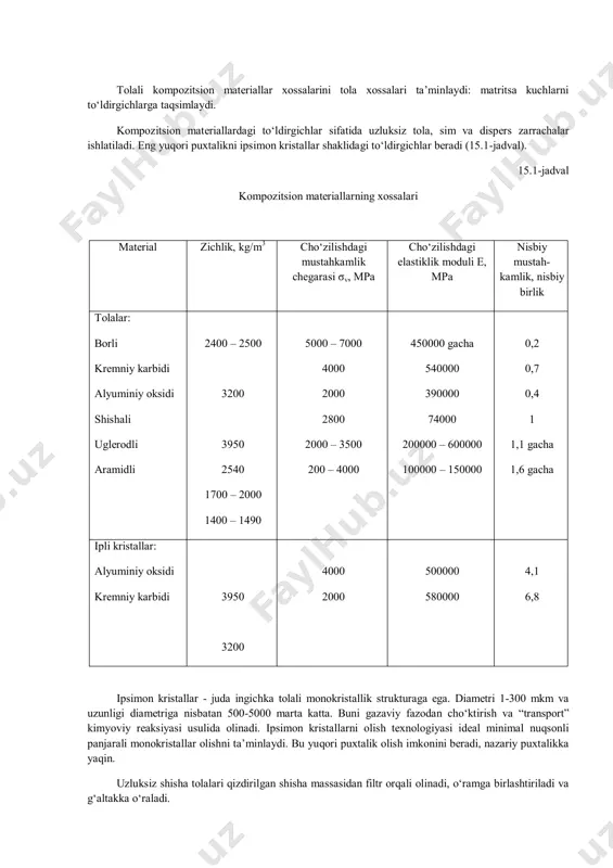 alishda o‘lchami ancha katta to‘ldirgichlar (sim, ip, tola )ga aytiladi. ikki o‘lchamli to‘ldirgichlar deb, fazoviy ikki yo‘nalish bo‘yicha o‘lchami bir-biriga mos, uchinchi yo‘nalish bo‘yicha o‘lchami ancha kichik to‘ldirgichlar (plastinka, gazmol)ga aytiladi. uch o‘chamli to‘ldirgichlar deb, fazoviy uch yo‘nalish bo‘yicha ham o‘lchamlari turlicha bo‘lgan to‘ldiruvchilarga aytiladi. kompozitsion materiallar to‘ldirgichlari formalariga qarab dispers- mustahkamlangan, qatlamli va tolali guruhlarga bo‘linadi. dispers - mustahkamlangan kompozitsion materiallar deb nol o‘lchami to‘ldirgichlar bilan mustahkamlanganlarga aytiladi. tolali kompozitsion materiallar deb, bir o‘lchamli yoki ikki o‘lchamli to‘ldirgichlar bilan mustahkamliklarga aytiladi. sinchlash sxemasiga qarab kompozitsion materiallar bir o‘qli sinchlash, ikki va uch o‘qli bo‘ladi. bir o‘qlilarda kam o‘lchamli va bir o‘lchamli, to‘ldirgichlar ishlatiladi. nol o‘lchamlilari shunday joylashadiki, bir o‘q bo‘yicha ikki o‘qqa nisbatan ancha kam. bunda qo‘shimchalar miqdori 1-5% ni tashkil qiladi. bir o‘lchamlilari bir-biriga parallel joylashadi. ikki o‘qlida nol, bir, ikki o‘lchamli to‘ldirgichlar ishlatiladi. nol va bir o‘lchamli to‘ldirgichlar parallel tekislikda joylashgan. ular orasidagi masofa tekisliklar orasidagi masofadan …
