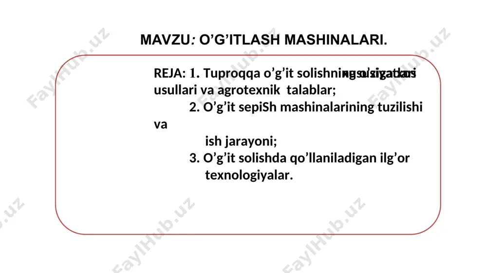 larda o’rnatiladi. g’altak o’zakli apparat qopqoq 1, g’altak 2, o’g’it sepish apparatlarining valiki 3, korpus 4, taglik 5 va bo’shatish mexanizmining valiki 6 dan iborat. g’altak biri ikkinchisidan 0,5 qadam siljib ikki qator joylashgan tishlar bilan jihozlangan. o’g’itlar qutidan o’z oqimi bilan korpus 4 ga tushadi. undan aylanuvchi g’altak 2 bilan sidiriladi va o’g’it o’tkazgachga yo’naltiriladi. g’altak 2 bilan taglik 5 oralig’dagi tirqish valik 6 ni unga berkitilgan dastak yordamida burash bilan sozlanadi. tirqish doiralarni o’lchamiga bog’liq. o’g’itlash miqdori g’altaklarning aylanish chastotasini va ta’minlash tuynugining o’lchamini qopqoq 1 yordamida o’zgartirish bi-lan sozlanadi. 2. yerga haydashdan oldin mineral o’g’it sochish mashinalari 1-rmg-4 rusumli diskli o’g’it sochgich 1-kuzov; 2-transporter; 3-gidrotsilindr; 4-miqdorlagich; 5- disksimon sochgich; 6-himoyalagich; 7-pnevmatik g’ildirak; 8-xarakatlan-tiruvchi g’ildirak; 9- ulagich nru-0,5 diskli mineral o’g’it sochgich 1-disk; 2-dastak; 3-bunker; 4-sirpang’ich; 5-koromislo; 6-reduktor; 7-to’kuvchi planka. mineral o’g’it-sochgich nru-0,5 eng ko’p tarqalgan. uning markazdan qochirma apparati yordamida donalangan mineral o’g’it va siderat (yashil o’g’it) …