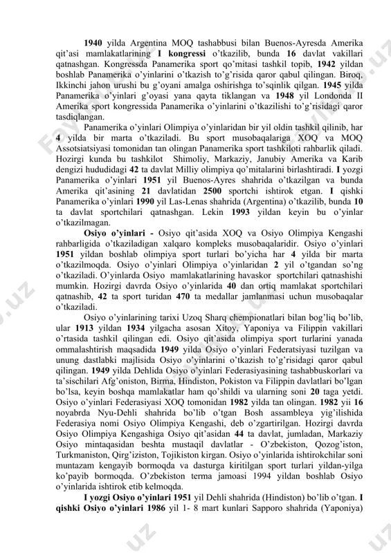 ’tkaziladigan musobaqalarga taklif etgan. bu musobaqalarda argentina, braziliya, kuba, kanada, kolumbiya, chili, aqsh, paragvay va peru sportchilari ishtirok etgan. 1940 yilda argentina moq tashabbusi bilan buenos-ayresda amerika qit’asi mamlakatlarining i kongressi o’tkazilib, bunda 16 davlat vakillari qatnashgan. kongressda panamerika sport qo’mitasi tashkil topib, 1942 yildan boshlab panamerika o’yinlarini o’tkazish to’g’risida qaror qabul qilingan. biroq, ikkinchi jahon urushi bu g’oyani amalga oshirishga to’sqinlik qilgan. 1945 yilda panamerika o’yinlari g’oyasi yana qayta tiklangan va 1948 yil londonda ii amerika sport kongressida panamerika o’yinlarini o’tkazilishi to’g’risidagi qaror tasdiqlangan. panamerika o’yinlari olimpiya o’yinlaridan bir yil oldin tashkil qilinib, har 4 yilda bir marta o’tkaziladi. bu sport musobaqalariga xoq va moq assotsiatsiyasi tomonidan tan olingan panamerika sport tashkiloti rahbarlik qiladi. hozirgi kunda bu tashkilot shimoliy, markaziy, janubiy amerika va karib dengizi hududidagi 42 ta davlat milliy olimpiya qo’mitalarini birlashtiradi. i yozgi panamerika o’yinlari 1951 yil buenos-ayres shahrida o’tkazilgan va bunda amerika qit’asining 21 davlatidan 2500 …