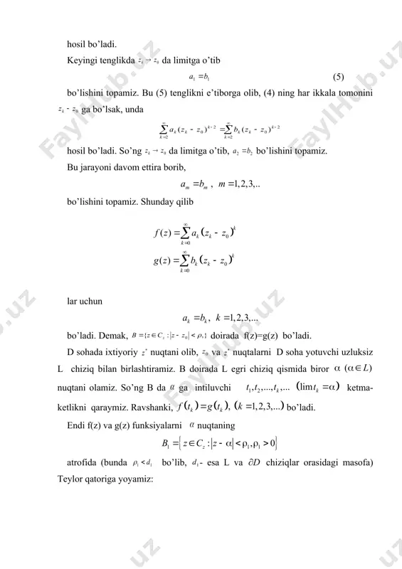 rtga ko’ra (6) qator da tekis yaqinlashuvchi. demak, qator da ham tekis yaqinlashuvchi bo’ladi. funksiya d sohada golomorf bo’lgani uchun u (6) qatorning har bir hadi da ham golomorf bo’ladi. binobarin, da funksiya uzluksiz. unda qator yig’indisi f(z) funksiya ham da uzluksiz bo’ladi. endi da yotuvchi yopiq silliq chiziqni olaylik . (7) qatorni chiziq bo’yicha hadlab integrallab, topamiz: (8) koshi teoremasiga ko’ra (9) bo’ladi. (8) va (9) dan bo’lishi kelib chiqadi. morera teoremasidan foydalanib f(z) funksiyani da va, demak, nuqtada golomorf bo’lishini topamiz. qaralayotgan nuqta d sohaning ixtiyoriy nuqtasi bo’lganligidan f(z) funksiyani d sohada golomorf bo’lishi kelib chiqadi. natija: yuqorida keltirilgan veyershtrass teoremasining sharti bajarilganda qatorni istalgan marta hadlab differensiallash mumkin bo’lib, bo’ladi. golomorf funksiyaning nollari. faraz qilaylik, biror funksiyaning kengaytirilgan kompleks tekislikda da, berilgan bo’lib, bo’lsin. agar bo’lsa, kompleks son funksiyaning noli deyiladi. aytaylik, funksiya nuqtada golomorf bo’lsin. bu funksiyani nuqta atrofida darajali qatorga yoyamiz: (10) agar nuqta funksiyaning …