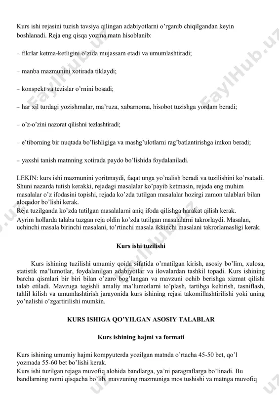 urs ishi mazmunini yoritmaydi, faqat unga yo’nalish beradi va tuzilishini ko’rsatadi. shuni nazarda tutish kerakki, rejadagi masalalar ko’payib ketmasin, rejada eng muhim masalalar o’z ifodasini topishi, rejada ko’zda tutilgan masalalar hozirgi zamon talablari bilan aloqador bo’lishi kerak. reja tuzilganda ko’zda tutilgan masalalarni aniq ifoda qilishga harakat qilish kerak. ayrim hollarda talaba tuzgan reja oldin ko’zda tutilgan masalalarni takrorlaydi. masalan, uchinchi masala birinchi masalani, to’rtinchi masala ikkinchi masalani takrorlamasligi kerak. kurs ishi tuzilishi kurs ishining tuzilishi umumiy qoida sifatida o’rnatilgan kirish, asosiy bo’lim, xulosa, statistik ma’lumotlar, foydalanilgan adabiyotlar va ilovalardan tashkil topadi. kurs ishining barcha qismlari bir biri bilan o’zaro bog’langan va mavzuni ochib berishga xizmat qilishi talab etiladi. mavzuga tegishli amaliy ma’lumotlarni to’plash, tartibga keltirish, tasniflash, tahlil kilish va umumlashtirish jarayonida kurs ishining rejasi takomillashtirilishi yoki uning yo’nalishi o’zgartirilishi mumkin. kurs ishiga qo’yilgan asosiy talablar kurs ishining hajmi va formati kurs ishining umumiy hajmi kompyuterda yozilgan matnda o’rtacha 45-50 bet, …
