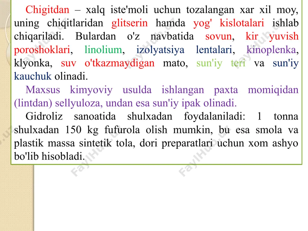 in. 340 kg. toladan – 3500 m2. gazmol ishlab chiqariladi. o'rta tolali paxta tolasi uzunligi 30÷38 mm. bo'ladigan bo'lsa, uzun tolali paxta tolasi uzunligi esa 37÷40 mm. bo'ladi. paxta chigiti ustida 10÷15 minggacha tola bo'lib, chigitning ustini doiraday yopib turadi. bu tolalar birinchi navbatda yеrdagi ortiqcha namlik natijasida chigitning shishib va chirib kеtmasligidan saqlasa, ikkinchidan chigit o'sish davrida uning qobig'idagi (po'slog'idagi) namlikni saqlab qolishga sharoit yaratadi va xar xil tashqi mеxanik ta'sirlardan saqlaydi. paxta tolasi tarkibiga quyidagilar kiradi: tsеllyuloza - 97,0(98,5)%; pеktin - 0,8(1,0); yog' va vosk - 0,3(1,0%); azot va oqsillar - 0,2(0,3)%. to'qimachilik sanoatida foydalaniladigan tolalar o'rtasida paxta tolasi birinchi o'rinni egallaydi, ya'ni 60 % ni tashkil etadi. tolaning navi, sinfi, shtapеl vazn uzunligi (mm), yo'nalishli zichligi (mtеks), solishtirma uzunligi, pishiqligi va uzulish kuchi fizik-mеxanik yoki bo'lmasa, tеxnologik xususiyatlari dеb ataladi. paxta tolasidan ko'plab har xil ip ishlab chiqariladi. yigirilgan iplardan gazmollar to'qiladi va boshqa to'qimachilik mollari tayyorlanadi. …