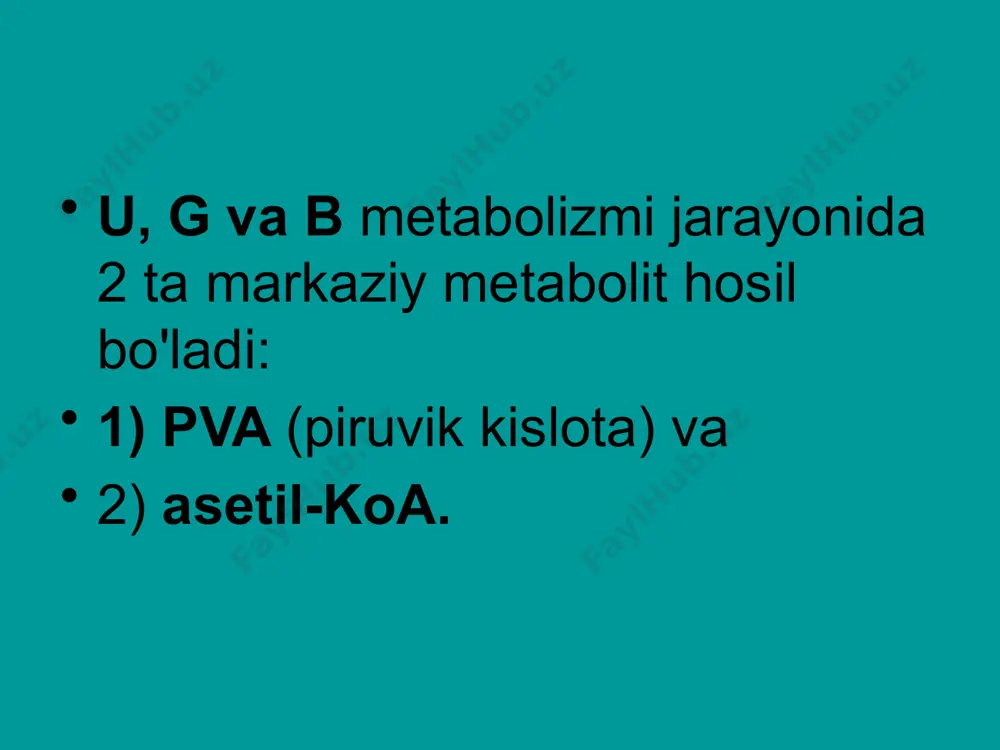 ik yo'llar birlashadi. ko'p miqdordagi boshlang'ich birikmalardan faqat ikkitasi hosil bo'ladi: piruvat va atsetil-koa. piruvatning oksidlanishi bilan boshlanadigan jarayon umumiy katabolik yo'l deb ataladi. aynan umumiy katabolik yo'lda dehidrogenatsiya reaktsiyalari uchun substratlarning ko'pchiligi hosil bo'ladi. nafas olish zanjiri va oksidlovchi fosforillanish bilan birgalikda umumiy katabolik yo'l atp ko'rinishidagi asosiy energiya manbai hisoblanadi. pirouzum kislotaning oksidlovchi dekarboksillanishi ko'p bosqichli reaktsiyaning umumiy natijasi quyidagicha ko'rinadi: reaktsiya ma'lum ketma-ketlikda ishlaydigan uchta ferment tomonidan katalizlanadi va 5 ta koenzimni o'z ichiga olgan piruvat dehidrogenaza kompleksiga (pdc) birlashtiriladi. pirouzum kislotaning oksidlovchi dekarboksillanishi ushbu ferment majmuasi konveyer tasmasi kabi ishlaydi, oraliq mahsulotlar fermentdan fermentga o'tkaziladi. bu printsip reaktivlarning o'zaro ta'sirining tasodifiyligini kamaytirish orqali ferment samaradorligini oshiradi. 1-jadval va 2-rasmda ferment nomlari (pdc) va ular katalizlaydigan reaksiyalarning xarakteristikalari keltirilgan. image1.jpeg image2.jpeg image3.jpeg image4.png image5.jpeg image6.wmf oh + hs koa nadh 2 co nad + c o c h c 3 o c h c 3 o + …