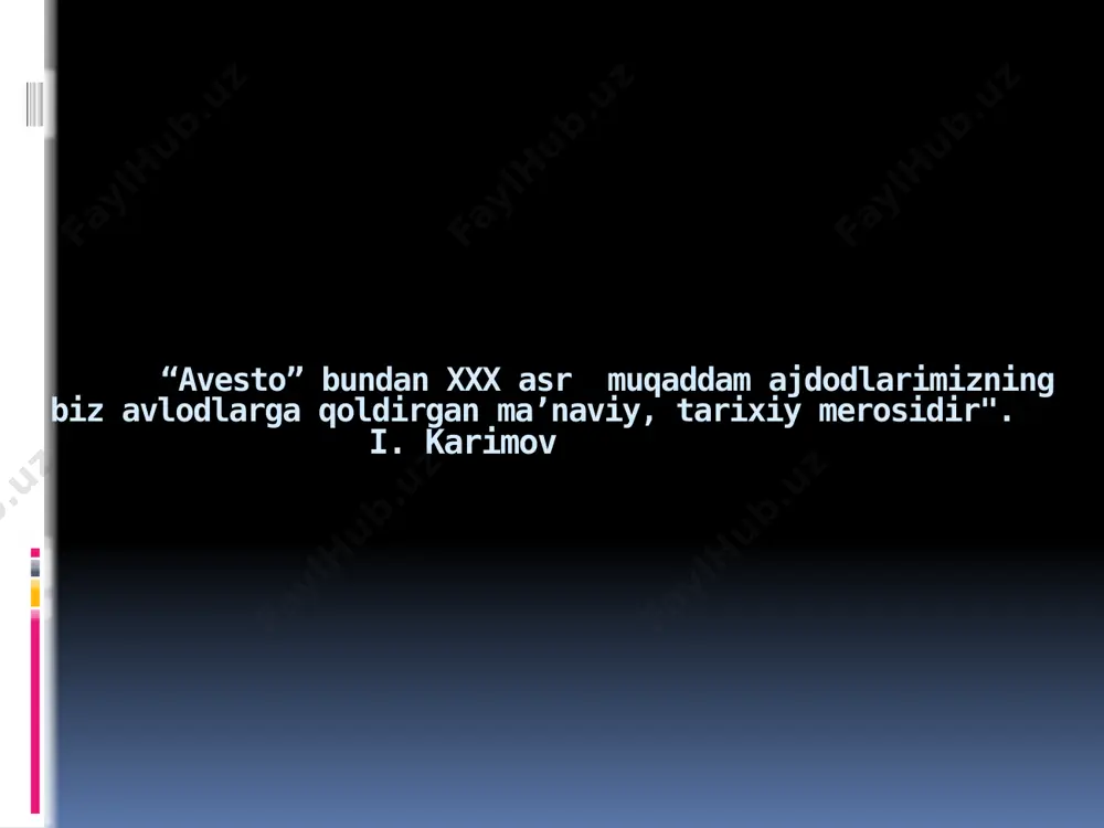 lib , ularni o’ldirib yuboradilar. shuning uchun ham “avesto” ning 3/5 qismi yo’qolib ketdi. lekin, iskandar falsafa, tibbiyot, astronomiyaga tegishli qismini saqlab qolgan. bu qo’lyozmalardan keng foydalanilgan va uni yunon tiliga tarjima qildirgan. "tiriklikka darmon baxsh etguvchi malhamni menga oshkor aylagil. izn bergil, ilohiy kalom va ezgu niyat sening irodangni muvofiq istagan kimsaga yuz ko'rsatsin". yasna iskandarning hukmronligi tugagach, m.a 250-yilda arshaxiylar davrida “avesto” yana yo’qotilgan qismlari tiklangan va yangi matnlar bilan to’ldirilgan. bu voqea eramizdan avvalgi iii asrida sosoniylar podshosi shopur davriga kelib, to’la kitob holiga keltirilgan. eron va turon zaminining arab xalifaligi tomonidan bosib olinganligi sababdan zardushtiylik dini ta’qibga olindi va islom dinini joriy etishga kirishildi. islom dinini qabul qilmaganlar hindistonga qochib ketib shu yerda jon saqlaganlar. ular “avesto”ning bir qismini saqlab kelmoqdalar. “avesto”ning arab tilidagi nusxasi bu kitob birinchi bora 30 ta kitobdan,keyin 21 ta kitobdan iborat edi. bizgacha bu kitobning 4 tasi saqlanib qolgan. bu kitoblar …