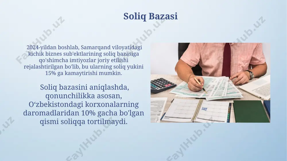 y soliq tushumlarining 3% kamayishiga olib keldi. soliq qonunchiligi yangiliklari andijon viloyatida 2023-yilda amalga oshirilgan soliq islohotlari natijasida, 100 dan ortiq tadbirkorlik sub'ektlariga soliq majburiyatlarini to'lash muddatlari uzaytirildi. qoraqalpogʻiston respublikasida 2024-yil uchun kichik biznes sub'ektlariga qoʻllaniladigan soddalashtirilgan soliq tizimi boʻyicha yangi stavkalar 3% va 5% ga belgilangan. soliq maslahatlari va xizmatlari kompaniya 2022 yilda soliq kodeksining 30 dan ortiq o'zgarishlarini tahlil qilib, mijozlarga 5 million so'mdan ziyod soliq tejashga yordam bergan. «soliq maslahatlari va xizmatlari» kompaniyasi toshkent shahrida joylashgan bo'lib, 2010 yildan buyon korxonalarga soliq masalalari bo'yicha 1500 dan ortiq konsultatsiya xizmatlarini ko'rsatgan. soliq bahosini pasaytirish usullari investitsiya loyihalarini amalga oshirish orqali, masalan, 5 million aqsh dollaridan ortiq investitsiyalar bilan, korxonalar soliq imtiyozlaridan, jumladan, soliq stavkasini pasaytirishdan foydalanishlari mumkin. surxondaryo viloyatida joylashgan korxonalar eksport qilinadigan mahsulotlar uchun qo'shilgan qiymat solig'idan (qqs) ozod qilinishi mumkin, bu esa ularning soliq yukini sezilarli darajada kamaytiradi. soliq to'lash tartibi soliq to'lovlarini amalga oshirish uchun …