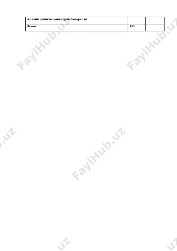 фтнинг устидан ўнг қўлни қўйиб ўпканинг юқори чегаси томон перкуссия қилинд . 10 10.массаждан сўнг болани вертикал холатда ўткизиб йўталишига ёрдам берамиз. 10 амалий кўникма қониқарли бажарилди жами: 100