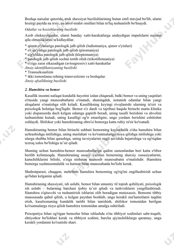 bilan haddan tashqari tashvishlanish; mukammallik, vazifalarni bajarishga xalaqit beradigan mukammallikka intilish; lazzatlanish va ijtimoiy aloqalarni saqlab qolish hisobiga samaradorlik va rejani bajarish bilan etarli darajada mashg'ul bo'lmaslik; pedantriya, xatti-harakatlarning zaif o'zgaruvchanligi, o'jarlik) * xavotirli (doimiy ravishda og'ir his-tuyg'ular, xavotir, o'zini boshqalarga nisbatan kamsitilgan, yoqimsiz, noloyiq odam sifatida tasavvur qilish; unga qarshi tanqid qilish yoki ijtimoiy rad etish bilan ovora bo'lish; rad etish va tanqidga nisbatan sezgirlikni oshirish; yoqtirish kafolatisiz munosabatlarga kirishni istamaslik; boshqalar bilan bog'liq ish bilan shug'ullanishni istamaslik; rad etish yoki tanqid qilish imkoniyati bilan) * qaram (o'z hayotidagi muhim masalalarni hal qilishni boshqalarga o'tkazish istagi, o'z ehtiyojlarini o'ziga bog'liq bo'lgan kishining ehtiyojlariga bo'ysundirish; qaram bo'lganlarga hatto oqilona talablar qo'yishni istamaslik; mustaqil yashashga qodir emasligi sababli yolg'izlikda nochorlik hissi; qaram bo'lgan shaxs tomonidan tashlab ketilishidan doimiy qo'rquv; qobiliyatning pasayishi kundalik hayotda tashqi tomondan maslahat va dalda bermasdan qaror qabul qilish) boshqa narsalar qatorida, etuk shaxsiyat buzilishlarining butun sinfi mavjud …