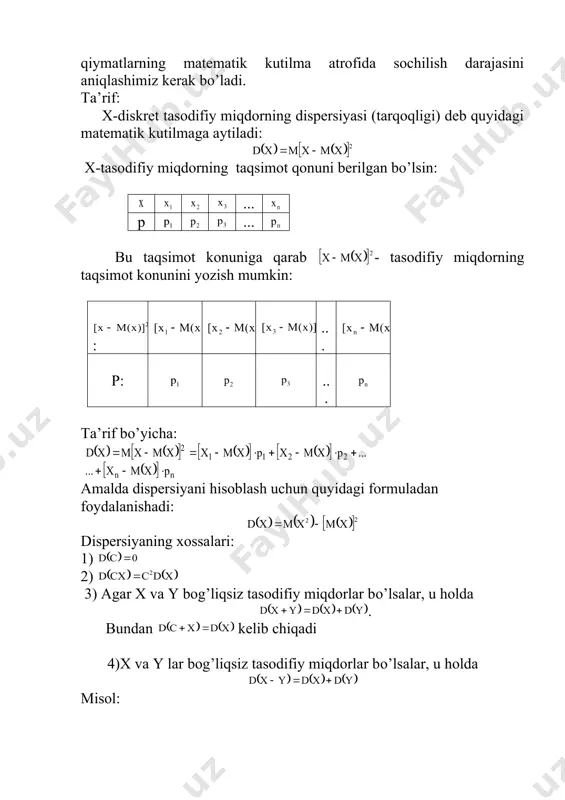 integralga teng bо’ladi. (1) va dispersiyasi quyidagicha aniqlanadi: (2) diskret tasodifiy miqdorlarda aniqlangan barcha hisoblash formulalari uzluksiz tasodifiy miqdorlarining sonli harakteristikalarini hisoblashda ham saqlanadi: 1) (3) 2) (4) 3) (5) 4) (6) (3) - tenglikni isbotlashdan oldin va tasodifiy miqdorlarning zichlik funksiyalari va taqsimot funksiyalari orasidagi bog’lanishni о’rnatamiz. teorema 1. agar - uzluksiz tasodifiy miqdorning taqsimot funksiyasi va zichlik funksiyasi bо’lsa, u holda tasodifiy miqdor uchun zichlik funksiya quyidagicha bо’ladi: (7) taqsimot funksiyasi еsa (8) (9) isboti: 1) a>0 bо’lsin. u holda: (1): va lar teng kuchli bо’lganlari uchun va hodisalar teng bо’ladilar. teng hodisalarning ehtimollari ham teng bо’ladi. (2): - tasodifiy miqdorning ta’rifiga kо’ra tenglik о’rinli. еndi zichlik funksiyaning ta’rifiga kо’ra: . a>0 da bо’lgani uchun (7) formula isbot bо’ldi. еndi a 0 bо’lgani uchun tengsizlik bilan tengsizlik teng kuchli bо’ladilar va shuning uchun va hodisalar teng bо’ladilar. (2): va taqsimot funksiyasi о’ngdan uzluksiz funksiya bо’lgani uchun qattiy tengsizlikni …