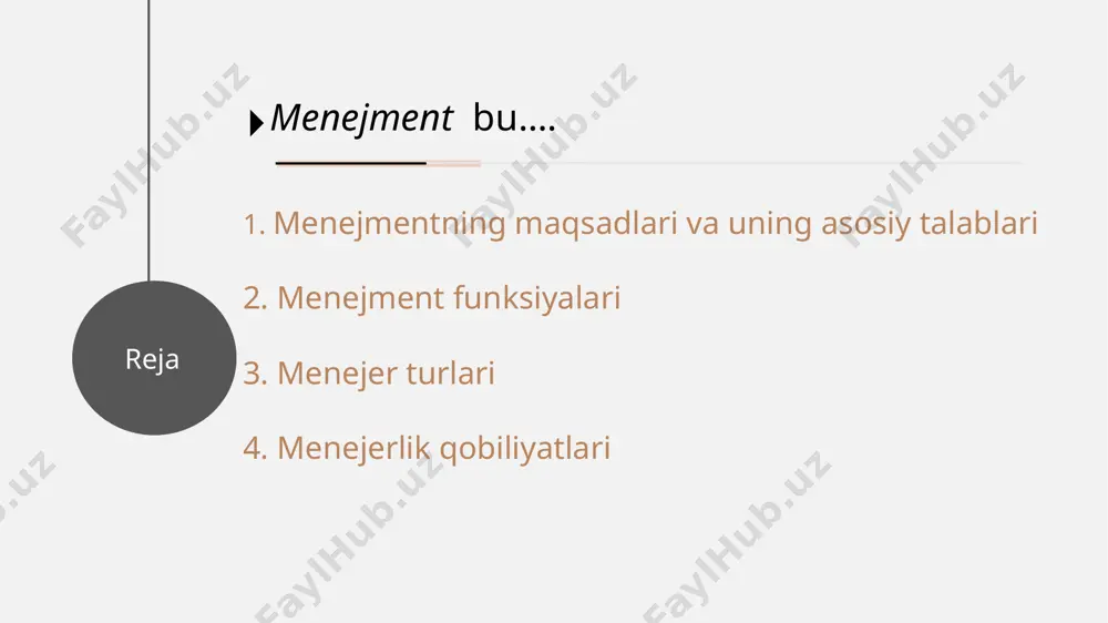 rish tashkilotning maqsadlarini va ularga yetkazuvchi usullarni aniqlash 6 tashkilot tashkilotga xos bo’lgan umumiy xarakterlar umumiy maqsad odamlar tizim ma’lum bir maqsadga erishish yo’lida bir guruh odamlarning birlashib harakat qilishi menejerlarning turlari 8 menejerlarning turlari bosh menejer “bosh menejer korxonaning rivojini o’ylovchi eng ko’p o’ylovchi inson” xaridorlar talablarini monitor qilish, raqobatchilar harakatlarini, boshqa bizneslarni, iqtisod va ijtimoiy trendlarni kuzatib borish o’rta menejer bosh menejer tomonidan belgilanga maqsadlarga eishish uchun rejalarni belgilash va ushbu rejalarni amalga oshiruvchi strategiyalarni qo’llash ishchi xodimlarning ish jarayonini tashkillashtirish va korxona ishlab chiqaradigan maxsulot yoki xizmatga to’g’ridan tog’ri mas’ul shaxs kichik menejer guruh lideri belgilangan maqsadga erishish uchun jamoada ishlash ruhiyatini shakllantirish 9 mejerlarning vazifalari aksariyat menejerlar o’zlarining vaqtlarini 3dan 2 yoki 5dan 4 qismini odamlar bilan yuzma-yuz aloda qilish uchun sarflashishadi biznes muhitnini kuzatish va boshqalar bilan aloqaga kirishish orqali ma’lumotlarni yig’ib ularni tahlil qilish, so’ngra ularni korxonaning ichki va tashqi xodimlari bilan bo’lishish korxonaning …