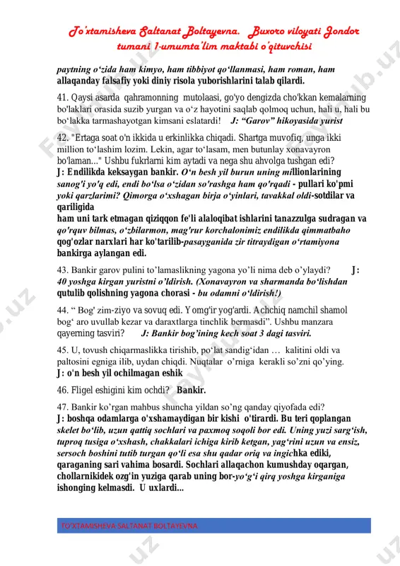 echa tilni puxta egalladi? 6 ta tilni 37. o'ninchi yildan keyin yurist nima bilan mashg’ul bo’ldi? stol yonida qimir etmay o'tirdi va faqat injilni mutolaa qildi. 38. shu paytda nima bankirga juda g’alati yuyuldi? j: to'rt yilda olti yuztacha aqli donishlar kitobini o‘qib tushirgan odamning tushunish oppa-oson boʻlgan yupqaroq kitobga qariyb bir yil sarflagani 39. injildan so'ng qanday kitoblar o’qidi? j: dinlar tarixi va ilohiyot faniga oid 40. qamoqning so'nggi ikki yilida mahbus tabiatida nimalar kuzatildi? j: favqulodda koʻp, pala-partish o'qidi. u goh tabiiy fanlar bilan mashg'ul boʻlar, goh bayron yoki shekspirni so'rab qolardi. ba'zan u xatlarida bir to’xtamisheva saltanat boltayevna. buxoro viloyati jondor tumani 1-umumta’lim maktabi o’qituvchisi to’xtamisheva saltanat boltayevna paytning oʻzida ham kimyo, ham tibbiyot qoʻllanmasi, ham roman, ham allaqanday falsafiy yoki diniy risola yuborishlarini talab qilardi. 41. qaysi asarda qahramonning mutolaasi, go'yo dengizda cho'kkan kemalarning bo'laklari orasida suzib yurgan va oʻz hayotini saqlab qolmoq uchun, hali u, …
