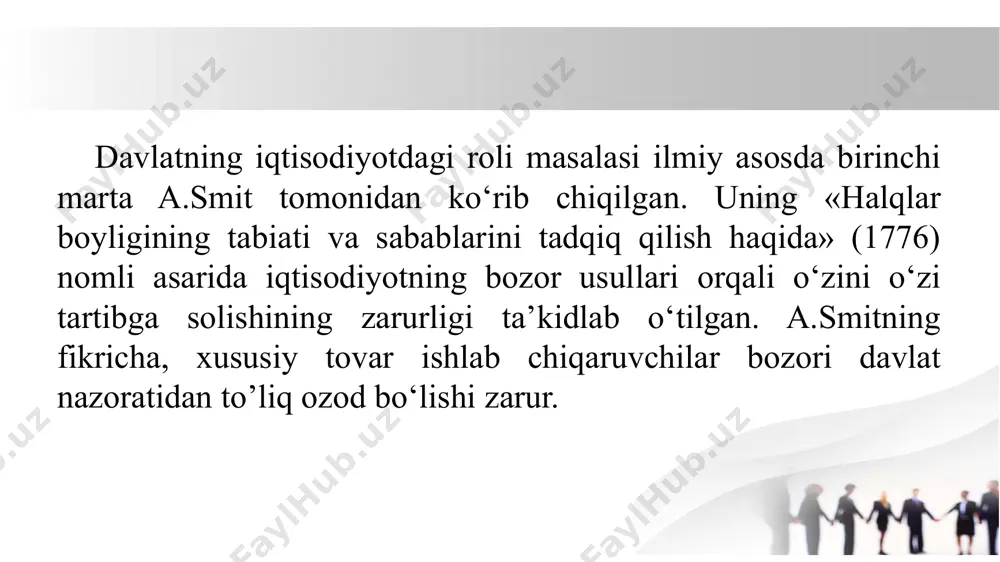 daromad va boylikni qayta taqsimlash; resurslami qayta taqsimlash; qtisodiyotni barqarorlashtirish,ya’ni iqtisodiy tebranishlar vujudga keltiradigan inflatsiya va bandlilik darajasi ustidan nazorat qilish hamda iqtisodiy o‘sishni rag‘batlantirish. davlat milliy iqtisodiyotni tartibga solishda bir qator usullardan foydalanadi: bevosita ta’sir qilish usullari; bilvosita ta’sir qilish usullari; tashqi iqtisodiy usullar. davlatning bevosita ta’sir qilish usullari: huquqiy-me’yoriy tartibga solish: qonunlar, farmonlar va qarorlar orqali iqtisodiy faoliyatni tartibga solish. masalan, litsenziyalash, ekologik me’yorlar, mehnat qonunchiligi. davlat buyurtmalari va subsidiyalar: hukumat strategik ahamiyatga ega sohalarga buyurtmalar berish orqali iqtisodiyotga ta’sir qiladi. davlat tomonidan subsidiyalar ajratish (masalan, qishloq xo‘jaligi, energetika yoki eksportchilarni qo‘llab-quvvatlash) davlatning bevosita ta’sir qilish usullari: narxlarni davlat tomonidan belgilash ayrim strategik tovarlar va xizmatlar uchun davlat tomonidan narxlar tartibga solinishi (masalan, kommunal xizmatlar, yoqilg‘i narxlari). anti-monopoliya siyosati orqali adolatli raqobatni ta’minlash. davlat sektori orqali boshqarish strategik ahamiyatga ega tarmoqlar (transport, energetika, mudofaa) davlat nazorati ostida bo‘lishi mumkin. davlat korxonalari orqali muhim tovar va xizmatlarni ta’minlash. davlatning …