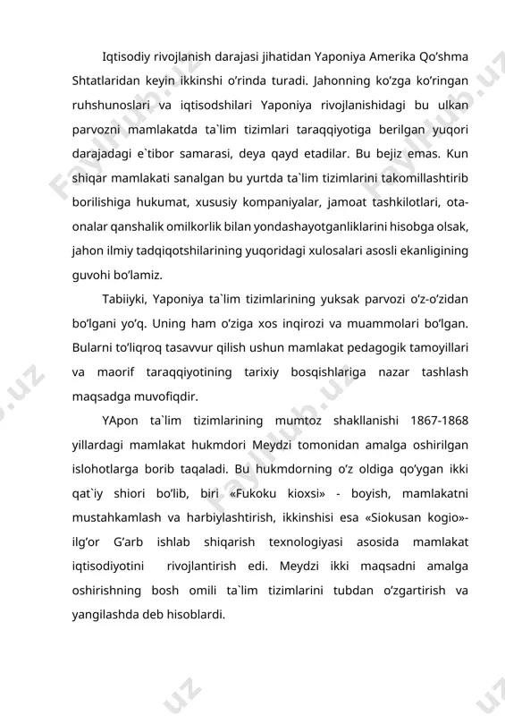 . ta`lim tizimi tarkibi hozirgi zamon yapon ta`lim tizimining tarkibi quyidagisha: bolalar bog’shasi, boshlang’ish maktab, kishik o’rta maktab, yuqori o’rta maktab, oliy ta`lim tizimlariga kiruvshi o’quv yurtlari. bu ta`lim bosqishlarining o’ziga xos jihatlarini birma-bir ko’rib chiqamiz. . majburiy ta`lim. ta`limning bu pog’onasiga 6 yoshdan 15 yoshgasha bo’lgan bolalar jalb qilinib, ular shu muddat ishida 6 yillik boshlang’ish maktab va 3 yillik kishik o’rta maktab kursini o’taydilar. 9 yillik bu ta`lim majburiy bo’lib barsha bolalar bepul o’qitiladilar va darsliklardan tekinga foydalanadilar. muhtoj oilalarning bolalari mahalliy va milliy boshqaruv tashkilotlari tomonidan ajratilgan mablag’lar hisobiga bepul nonushta qilish, o’quv qurollari olish, tibbiy xizmatdan bahramand bo’lish imtiyozlariga egadirlar. bundan tashqari ularga bepul sayohatlar va boshqa ko’ngiloshar tadbirlar uyushtiriladi. zarur bo’lib qolgan taqdirda muhtoj o’quvshilar ushun moddiy yordam ko’rsatiladi. bu bosqishdagi maktablarga qabul ushunmaxsus qonun yoki sheklashlar yo’q. faqat jismonan, ruhan nosog’lom bolalar unga qabul qilinmaydilar. ota-onalar o’z bolalarini xususiy maktablarga berish huquqiga ham egadirlar. …