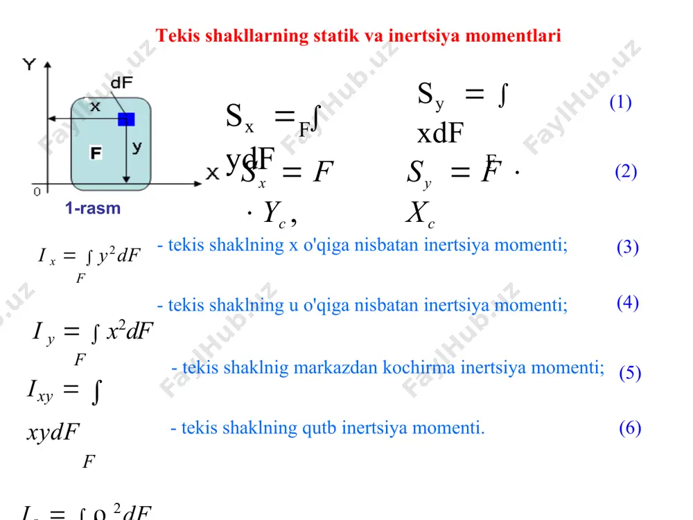 2  4  96  3 3 12 12 12 4   2,667 (sm ) 12 12 b3h 23  4 32 i y  12  2 2 1 bh3 12 x x  8  32  40 (sm4 )    4 2  b  h  2  4     3 12  2  2 4      h 2   f       h 2 i  i  hb3 12 y y1  2   2 2     2  4  2,667  8  10,667 (sm4 ) 4  23 12  2   b 2    b  h   2   b 2 i  i     f  mexanika va kompyuterli …