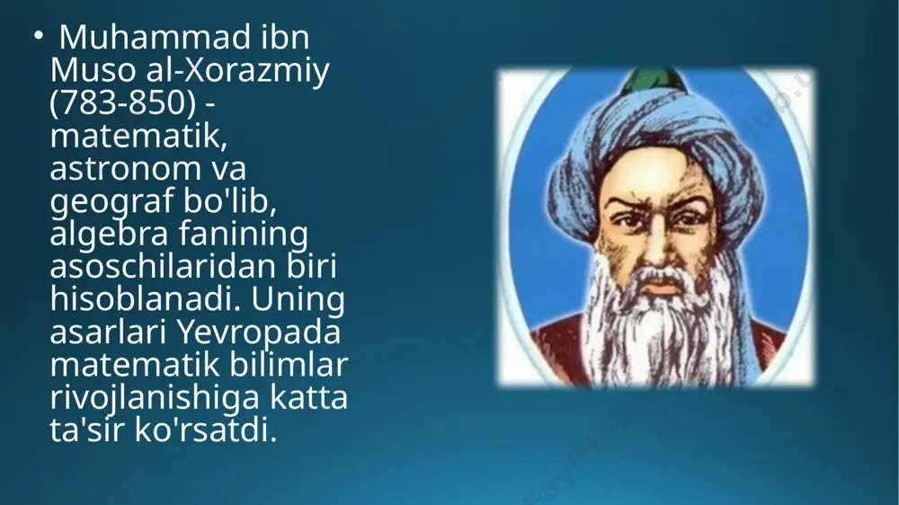 gan. moniy fors va arab tillarida bir necha risolalar yozgan. lekin ular bizgacha etib kelmagan. moniy hatto «moniylik yozuvi» nomli alifbo ham tuzgan. uning ta`limoticha, hayotda dastavval nur dunyosi – yahshilik va zulmat dunyosi- yovuzlik bo’lgan. ular o’rtasida abadiy kurash boradi, inson ikki unsurdan (ruh — nur farzandi, jism — zulmat mahsuli) iborat. moniylik halq ommasi manfaatlarini himoya qiluvchi ta`limot bo’lgani sababli hukmron mafkura qarshiligiga duch kelgan. markaziy osiyoda vujudga kelgan qadimgi falsafiy ta`limotlar, ular ilgari surgan g’oyalar bugungi kunda ham muhim ahamiyatiga ega. sanab o’tilgan qadimgi diniy-falsafiy ta`limotlar, ya`ni zardo’shtiylik, uning bosh kitobi — «avesto», moniy ta`limoti, «moniy yozuvi», mazdakiylik harakati jamiyatda adolat, erkinlik, teng huquqlilik tamoyillarini qaror toptirishiga da`vat etgan. vatan ozodligi yo’lida jon fido etgan muqanna boshchiligidagi harakat nafaqat o’rta osiyoda, balki jahonning boshqa o’lkalarida ham aks-sado bergan. vatanimizning o’sha davrda shakllangan va rivojlangan boy madaniyati, milliy ma`naviyatimiz, falsafamiz jahon sivilizasiyasiga katta ta`sir ko’rsatgan. xulosa xulosa qilib …