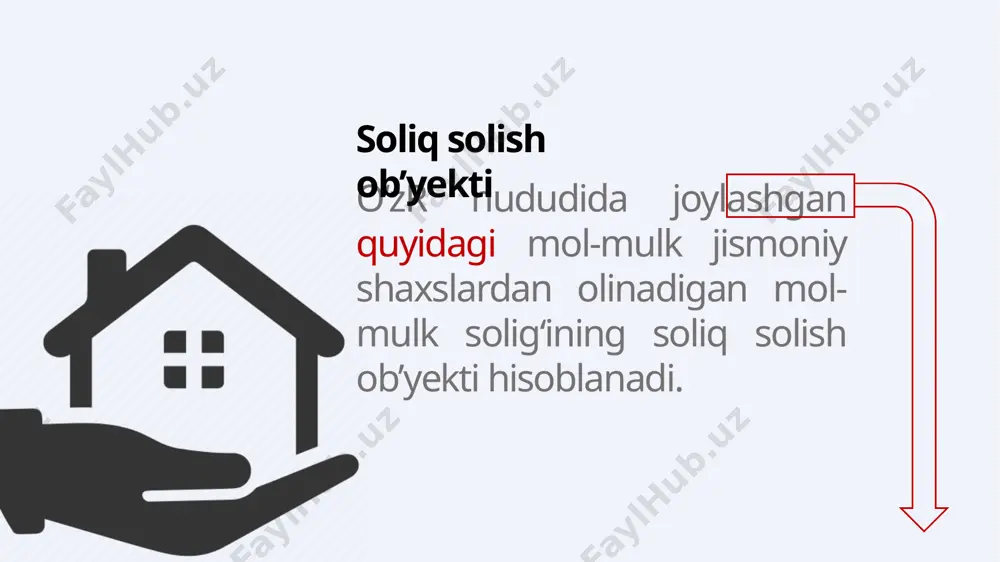 arish soliq solish ob’yekti joylashgan yerdagi soliq organlari tomonidan: soliqlarni hisoblash sk 419-moddasining 1, 3 va 4-bandlarida nazarda tutilgan ob’yektlar boʻyicha - koʻchmas mulkka boʻlgan huquqlarni davlat roʻyxatidan oʻtkazishni amalga oshiruvchi organning ma’lumotlari asosida; soliqlarni hisoblash sk 419-moddasining 2-bandida nazarda tutilgan ob’yektlar boʻyicha - koʻchmas mulkka boʻlgan huquqlarni davlat roʻyxatidan oʻtkazishni amalga oshiruvchi organning ma’lumotlari hamda ushbu kodeks 420-moddasi ikkinchi qismining uchinchi xatboshisi va uchinchi qismi asosida amalga oshiriladi. soliqlarni hisoblash soliq summasi 1 yanvar holatiga koʻra skning 420-moddasiga muvofiq aniqlangan soliq bazasidan va belgilangan soliq stavkasidan kelib chiqqan holda hisoblab chiqariladi. bir necha mulkdorlarining umumiy ulushli mulki boʻlgan imoratlar, binolar va inshootlar uchun soliq har bir mulkdor tomonidan ularning ushbu imoratlar, binolar va inshootlardagi ulushiga mutanosib ravishda toʻlanadi. soliqlarni hisoblash mol-mulkka boʻlgan mulk huquqi kalendar yil mobaynida bir mulkdordan boshqasiga oʻtgan taqdirda, soliq avvalgi mulkdor tomonidan shu yilning 1 yanvaridan e’tiboran u mol-mulkka boʻlgan mulk huquqini yoʻqotgan oyning boshlanishiga …