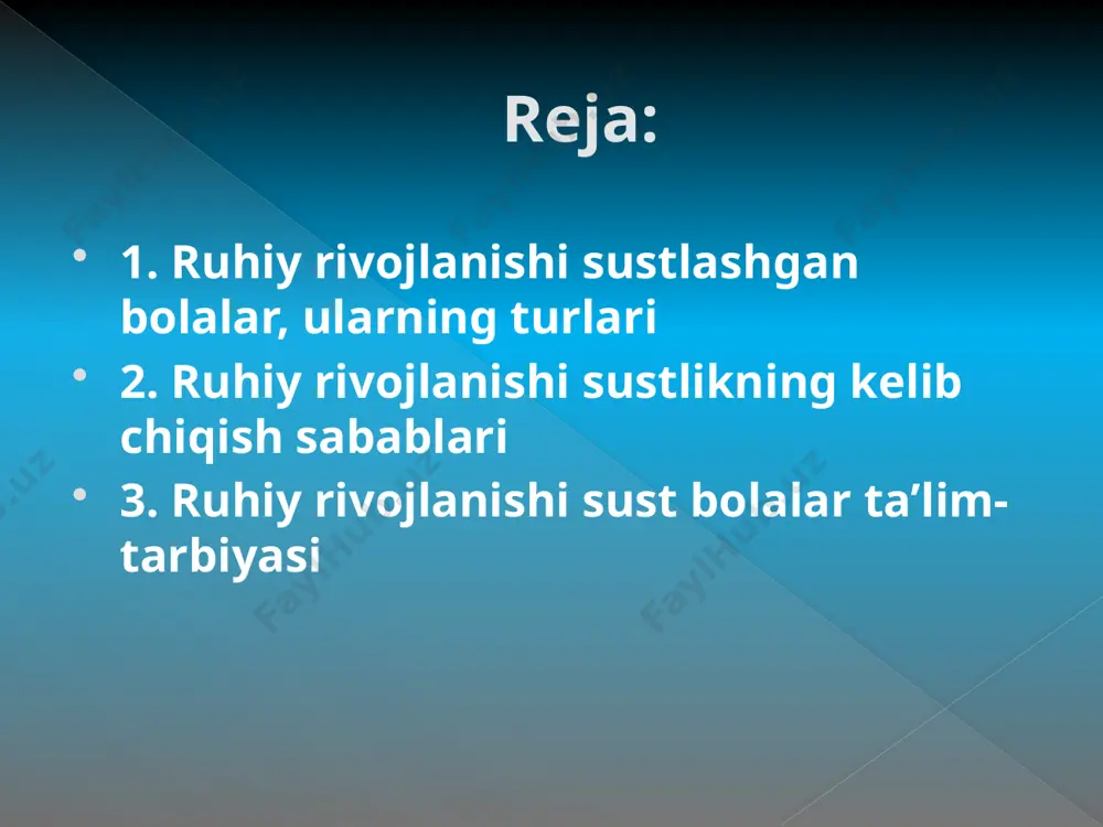 arov, n.a.sipina, r.d.triger olimlarning ma’lumotlariga ko‘ra boshlang‘ich sinf o‘quvchilarining 5, 8 foizini ana shunday bolalar tashkil etadi. k.s.lebedinskaya, g.p.berto‘n, e.m.dunaeva va boshqalar ruhan sust rivojlanganlikni klinik-psixologik jihatdan quyidagi hillarga bo‘lishni tavsiya etadilar: rrsning konstitutsional shakli. garmonik, qoldiqsiz, ruhiy va ruhiy-fizik infantilizm asosiy o‘rinni egallaydi (ruhiy turg‘un bo‘lmaganlar). bu turdagi bolalar o‘zlaridan bir necha yosh kichik bo‘lgan bolalar rivojlanishiga to‘g‘ri keladi. ularda kayfiyat ko‘tarinki, o‘yin faoliyatida tashabbuskorlik hislatlari saqlangan bo‘ladi. ta’limdagi qiyinchiliklar asosan intellektual qiziqishlarning va shaxsning butunlay rivojlanmaganligi yaqqol sezilib turadi. rrsning somatogen shakli. bu shakl asosan surunkali infeksiyalar, allergik holatlar, turli ichki kasalliklar (ichki a’zolar, ayniqsa yurak kasalligi) natijasida kelib chiqadi. ruhiy rivojlanishning susayishida asosiy rolni turg‘un asteniya o‘ynaydi, ya’ni ularda tez charchash, umumiy ruhiy tonusning pastligi ko‘rinadi. ba’zan somatogen infantilizmda turli nevrotik qo‘shilmalar: o‘z-o‘ziga ishonmaslik, qo‘rqish bilan birga kuzatilishi mumkin. rrsning psixogen shakli. bu shaklda asosan hissiy iroda sahasining buzilishi, yetarli pedagogik sharoitning bo‘lmasligi natijasida kelib chiqadi. atrof-muhitning …