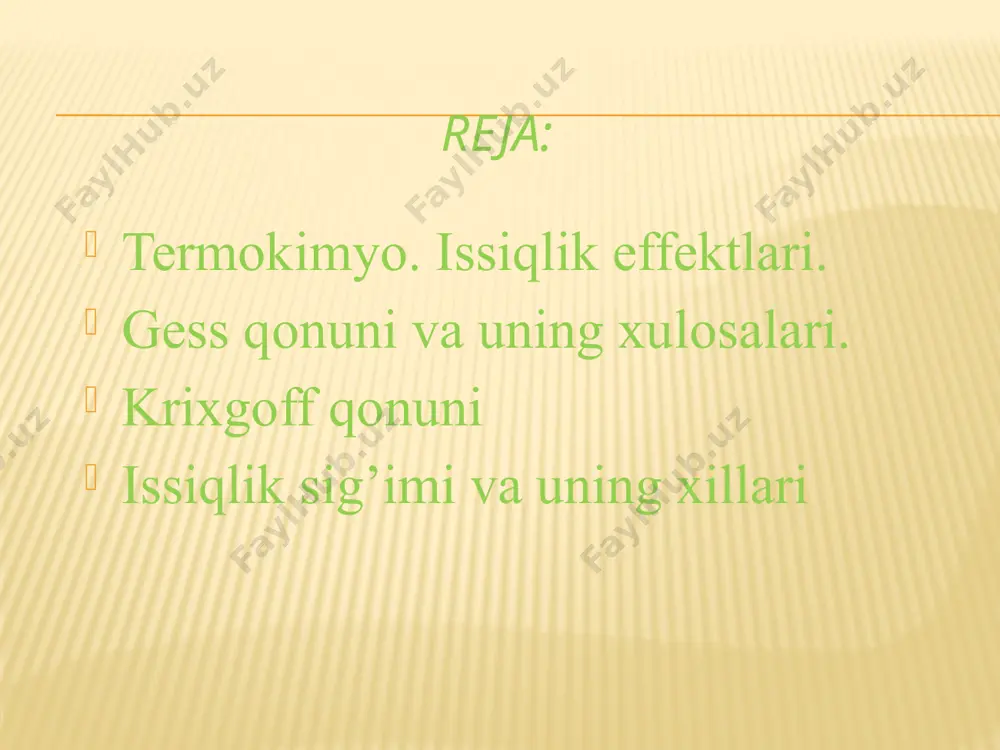 mlarini o‘rganadi. termokimyoning ahamiyati katta. uning yordamida turli texnologik jarayonlarning issiqlik balansi hisoblanadi. ishlab chiqarish qurilmalarining sovutish, isitish bo‘yicha apparatlari xarakteristikasi belgilanadi. doimiy xajmdagi jarayonlarning issiqlik effekti ichki energiya«u»ning kamayish o‘lchovidir. doimiy bosimga ega bo‘lgan jarayonlardagi ajralgan issiqlik entalьpiya«n»ning kamayish o‘lchovidir. demak, issiqlik effekti o‘zgarmas bosim qr=δh va o‘zgarmas hajmda o‘rganiladi qv=δu kimyoviy reaksiyalarda  u moddaning dastlabki holatiga va reaksiya mahsulotiga bog‘liq. termokimyoviy reaksiyalarda issiqlik effekti  orqali, yoki sistema entalьpiyasi(issiqlik saqlami)ning o‘zgarishi orqali ifodalanadi. issiqlik effektini ko‘rsatish bilan yoziladigan reaksiyalar termokimyoviy tenglamalar deyiladi, masalan: 2h2+ o2 = 2h2o h = -285,8 kdj jarayonda issiqlik yutilsa endotermik, issiqlik ajralib chiqsa ekzotermik jarayon deyiladi. ekzotermik jarayonlarda dastlabki moddalarning ichki energiyasi mahsulotlar energiya zapasidan katta bo‘ladi, ya’ni uu u u1>u2 ; h1>h2 va u 0 ; n> bo‘ladi. (misol: qaytarilish, degidratlanish, piroliz, gidroliz reaksiyalari) tuzlarning erish issiqlik effekti - δn0erish. 1 molь tuz juda ko‘p miqdordagi (300-400ml) erituvchida eriganda ajraladigan yoki …