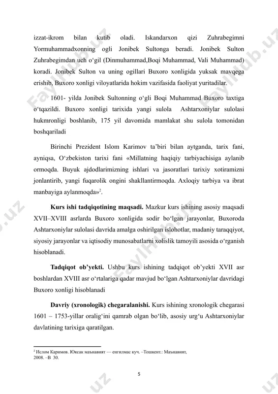 mamlakat ichki ishlariga ham alohida eʼtibor qaratib, davlat boshkaruvini tartibga solishga harakat qildi. yusuf munshi maʼlumotlariga koʻra, u “hokimiyat amaldorlari mansablarini qayta koʻrib, qoʻshin tuzilishini, fuqarolar holatini nazorat qilgan” boʻlsada, uning qisqa muddatli hukmronlik davrida bu siyosiy harakatlar ijobiy natija bermadi. 1605-yilda boqimuhammadxon vafot etgach, taxtga uning ukasi, balx hokimi valimuhammad (1605-1611-yy.) oʻtiradi. valimuhammadxon hukmronligi davrida ham balx va hirot uchun kurashlar davom etdi. bu kurashlarda valimuhammadxonning qoʻli baland kelgan boʻlsada, u 1607- ylida eron shohi abbos i bilan sulh shartnomasi imzoladi. buning natijasida xuroson butunlay safaviylar qoʻliga oʻtib ketdi. natijada busiz ham valimuhammad saroyi ishlariga doimiy aralashib yurgan, koʻp hollarda xonsiz ham qaror qabul qiladigan, oʻzlarini siyosiy jihatdan mustaqil deb hisoblaydigan bir guruh buxorolik amaldorlar valimuhammad qarshi 1608 - yilda fitna uyushtiradilar. xon eron shohi abbos i huzuriga qochib ketadi. buxoro taxtida yana boshboshdoqliklar boshlanib ketib, 1611 -yilning yozida valimuhammadxon abbos i yordamida buxoro taxtini egallashi ham uzoqqa choʻzilmadi. …