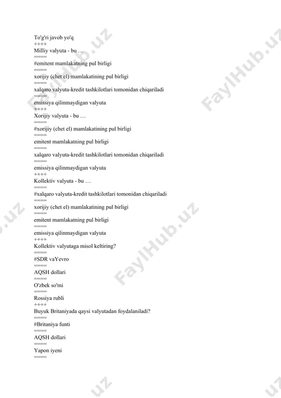 o‘rsatish siyosati ==== markaziy bank tomonidan xorijiy valyutani sotib olish yoki sotish ++++ dunyoda eng ko'p sotiladigan valyuta qaysi? ==== #aqsh dollari ==== rossiya rubli ==== yapon ienasi ==== xitoy yuani ++++ eksport kredit agentligi nima? ==== #xalqaro operatsiyalarni sug'urtalashni ta'minlaydigan davlat organi ==== chet el kompaniyalari uchun investitsiya imkoniyatlarini taqdim etuvchi davlat organi ==== xalqaro hisob-kitob xizmatlarini ko'rsatuvchi davlat organi ==== valyuta kurslarini tartibga soluvchi davlat organi ++++ eksport qiluvchi bankining import qiluvchi bankiga etkazib berilgan mashina, asbob-uskuna va boshqa investitsiya qilingan tovarlarni kreditlashi xalqaro kreditning qaysi shakliga tegishli? ==== #eksport krediti ==== ochiq hisobvaraqlar bo‘yicha beriladigan kredit ==== avtokredit ==== tijorat krediti ++++ eksport qiluvchi bankning to‘g‘ridan-to‘g‘ri milliy eksport qiluvchini kreditlamasdan, balki chet ellik xaridorni, ya’ni import qiluvchi mamlakat firmasi va uning bankini kreditlashi xalqaro kreditning qanday shakli hisoblanadi? ==== #iste’mol krediti ==== akkreditiv ==== tijorat krediti ==== import krediti ++++ sdr maxsus qarzdorlik huquqi qaysi tizim hosili …