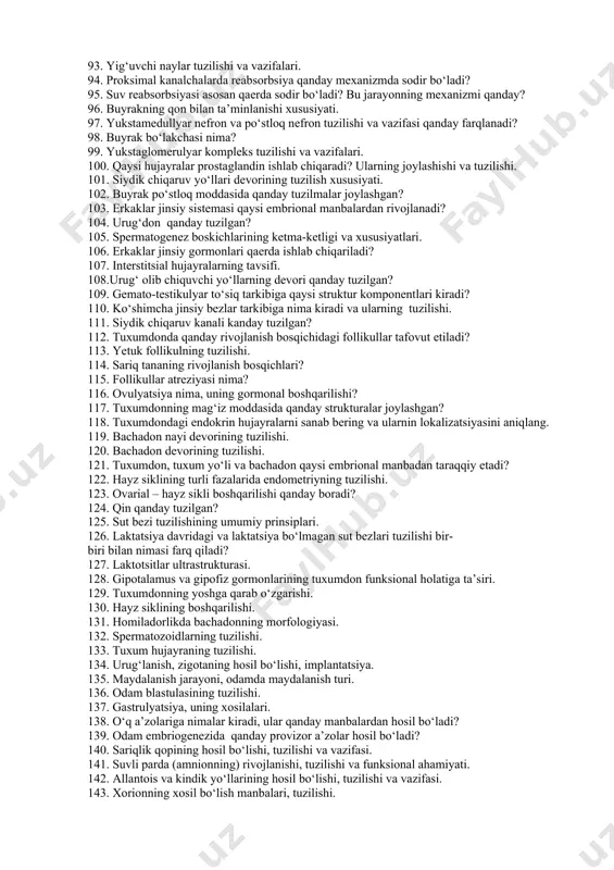 v chigallari joylashgan, ularning lokalizatsiyasi. 65.ingichka ichak kriptalari qanday vazifani bajaradi. 66.yug‘on ichak devorining tuzilishi. 67.ingichka va yug‘on ichaklar kriptalari nimalar bilan farq qiladi? 68.ingichka ichakning struktur funksional birligi nima? 69.ichakning endokrin hujayralari. 70.ingichka ichakning endokrin hujayralariga struktur-funksional tavsifi. 71.klassik jigar bo‘lakchasining tuzilishi prinsipi? 72.o‘t kanali devori nimadan hosil bo‘lgan? 73.disse bo‘shlig‘i nima? o‘ning funksional ahamiyati? 74.jigar sinusoid kapillyarlarning tuzilishi. 75.jigar atsinusi haqida tushuncha. 76.portal bo‘lakcha haqida tushuncha. 77.gepatotsitlar, ularning tuzilishi va vazifasi? 78.jigar ichi o‘t yo‘li devorining tuzilishi. 79.jigar qon aylanishining xususiyatlari. 80.triada haqida tushuncha, uning tarkibi va lokalizatsiyasi. 81.jigardan tashqari o‘t yo‘li devorining tuzilishidagi jigar ichi o‘t yo‘lining farqi bormi? 82. jigarning regeneratsiya xususiyati. 83.jigar bo‘lakchasining geterogenligi haqida tushuncha. 84.meda osti bezining struktur funksional birligi nima? uning tuzilishi. 85.meda osti bezi chiqaruv naylarining turlarini sanab o‘tish, ularning tuzilishi. 86.atsinotsitlar ultrastukturasining xususiyatlari. 87.meda osti bezi endokrin orolchalarining tuzilishi. 88. buyrak va siydik chiqarish yo‘llarining embrional rivojlanishi. 89. buyrak tanachasining …