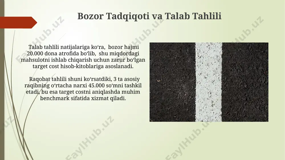 jalari shuni ko'rsatdiki, raqobatchilarning o'rtacha narxi 100 ming so'm bo'lib, bizning maqsadli narximizdan 10 ming so'm yuqori. mahsulotning bir dona narxini kamaytirish uchun, ishlab chiqarish jarayonini optimallashtirish orqali 5% ga xarajatlarni qisqartirish mumkin. xarajatlarni qisqartirish strategiyalari marketing va reklama byudjetini qayta ko'rib chiqish, raqamli marketing usullarini qo'llash orqali 5-7% tejashlarga erishish va samarali reklama kanallariga investitsiyani oshirish mumkin. material tanlashda sifat va narx nisbatini tahlil qilish orqali xarajatlarni 10% gacha qisqartirishga erishish va alternativ, arzonroq yetkazib beruvchilar bilan hamkorlikni yo'lga qo'yish mumkin. sifatni nazorat qilish va yaxshilash iso 9001 standartlariga muvofiq sifatni boshqarish tizimini joriy etish, xatoliklar sonini 15% ga kamaytirib, mahsulot sifatini 10% ga oshirishi mumkin, bu esa target costing strategiyasiga ijobiy ta'sir ko'rsatadi. sifatni nazorat qilish va yaxshilash jarayonida 5s tizimi (saralash, tartiblab qo'yish, tozalash, tozalikni saqlash va standartlashtirish) samaradorligini 20% ga oshirish mumkin, bu esa xarajatlarni kamaytirishga va sifat ko'rsatkichlarini yaxshilashga yordam beradi. e'tiboringiz uchun rahmat @taqdimot_robot …