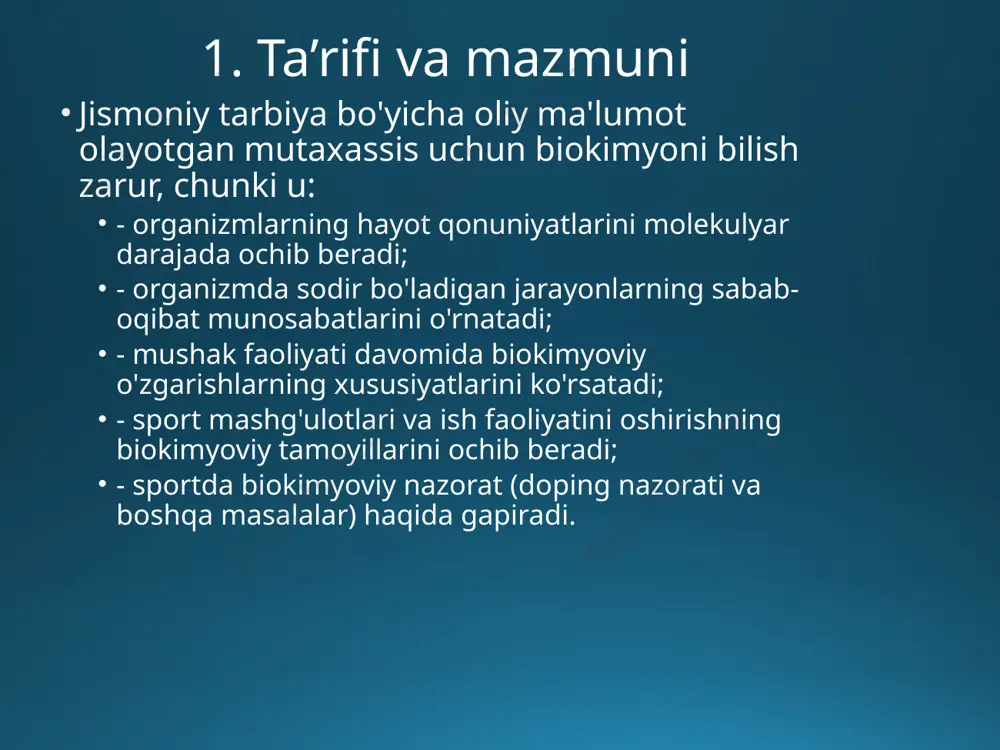 berdi hali tugallanmagan metabolizm. bu sohadagi birinchi muhim kashfiyotlardan biri bu kashfiyotlar edi vitaminlar, glikoliz va trikarboksilik kislota aylanishi. in 1953 yil amerikalik biolog j. uotson va ingliz fizigi f. krik tuzilishini tasvirlab berdi dnk - uzatish tamoyillarini tushunish kaliti irsiy ma'lumotlar. bu kashfiyot tug'ilishni anglatardi molekulyar biologiya. biokimyo tarixi 1958 yilda jorj beadl va edvard tatem oldi nobel mukofoti qo'ziqorinlar ustida olib borilgan ishlar uchun, uning xulosasi gipoteza edi "bitta gen - bitta ferment " . 1988 yilda kolin pitchfork natijasida olingan dalillar asosida qotillikda ayblangan birinchi shaxs bo‘ldi dnk barmoq izlari va birinchi jinoyatchi ushbu protseduradan ommaviy foydalanish natijasida qo'lga olingan . biokimyo rivojidagi eng so'nggi bosqichlardan biri (2006) kvitansiyadir endryu fire va kreyg mello fiziologiya yoki tibbiyot bo'yicha nobel mukofoti "kashfiyot uchun rnk aralashuvi - ma'lum bir faollikni susaytirish ta'siri genlar » 3. biokimyoviy tadqiqot biokimyoda tirik materiyaning tuzilishi va xossalarini oʻrganish uning alohida komponentlarga boʻlinishi va …