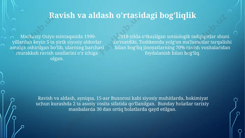 eradi. siyosatda 2020 yildagi aqsh prezidentlik saylovlarida tarqatilgan yolg'on ma'lumotlar va dezinformatsiya kampaniyalari keng ko'lamli ravish va aldash usullarini namoyon etdi, natijada 30 dan ortiq davlatda saylovchilarga ta'sir ko'rsatdi. taqlidning xususiyatlari taxminan 50% hollarda taqlid, o'ziga xos xususiyatlarining yo'qolishi bilan birga, andijon viloyatida keng tarqalgan, 19-asrga oid qo'l san'ati namunalarida aniq kuzatiladi. taqlid jarayonida 2 ga yaqin turli xil materiallar (masalan, yog'och va loy) va 3 xil rang (ko'k, qizil, yashil) kabi elementlarning bir-biriga o'xshashligi, 18-asr me'morchiligi uchun xosdir. taqlidning asosiy xususiyatlaridan biri, 10 dan ortiq mintaqada, xususan, samarqand va buxoro kabi shaharlarda kuzatilgan, 15-asrga oid qo'lyozmalarda tasvirlangan uslubiy jihatlarning takrorlanishidir. taqlid orqali aldash taqlid orqali aldashning samaradorligi 80% ga yaqin bo'lib, firibgarlar qurbonlarni ishontirish uchun yuqori texnologiyalar va psixologik usullardan foydalanadilar. so'nggi 5 yil ichida o'zbekiston hududida taqlid orqali sodir etilgan aldovlar soni 2 barobar oshgan, bu esa huquqni muhofaza qilish organlari uchun jiddiy muammo hisoblanadi. so'nggi 5 yil …