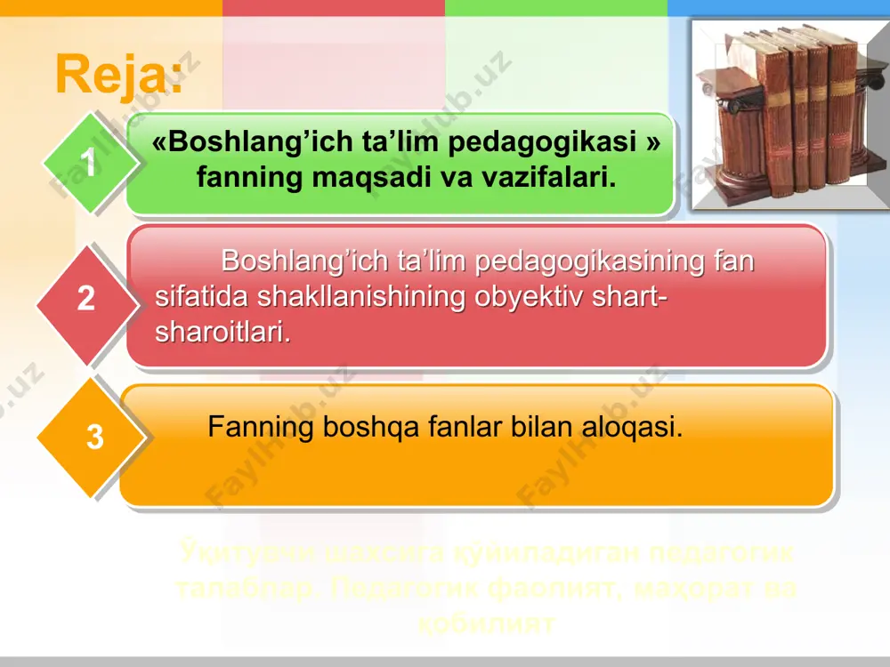 i degan ma’noni anglatadi. ma’rifat so‘zi arabcha –bilish, ma’lumot, tanishish degan ma’noni bildiradi. ? shakl –yunoncha forma - tashqi ko’rinish, qobiq – o’quv jarayonining mavjudligi usuli, uning ichki mantig’i. boshlang’ich ta’lim jarayonining funksiyasi- ta’lim berish, rivojlantirish va tarbiyalashdir. boshlangich ta’limda xususiy didaktikada- har bir fanni o‘qitishining o‘ziga xos xususiyatlarini o‘rganadi. asosiy pedagogik kategoriyalar tarbiya – o’sib kelayotgan avlodda hosil qilingan bilimlar asosida aqliy kamolot-dunyoqarashni, insoniy e’tiqod, burch va ma’suliyatni, jamiyatimiz kishilariga xos bo’lgan axloqiy fazilatlarni yaratishdagi maqsadni ifodalaydi.tarbiya bola tuqilgandan boshlab umrining oxirigacha oilada, maktabda va jamoatchilik ta’sirida shakllanib boradigan jarayondir. ta’lim–maxsus tayyorlangan kishilar rahbarligida o’tkaziladigan, o’quvchilarni bilim, ko’nikma va malakalar bilan qurollantiradigan, bilim, qobiliyatlarini o’stiradigan, ularning dunyoqarashini tarkib toptiradigan jarayondir. fanning boshqa fanlar bilan aloqasi. estetika pedagogikaning ilmiy-tadqiqot metodlari. 1. pedagogik kuzatish metodi. 2. suhbat usuli (yakka tartibda, guruh bilan ) 3. talabalar ijodini o’rganish usuli. 4. test usuli 5. ma’lumotlarni tahlil qilish usuli. 6.eksperement-tajriba-sinov usuli. 7. statistika ma’lumotlarini …
