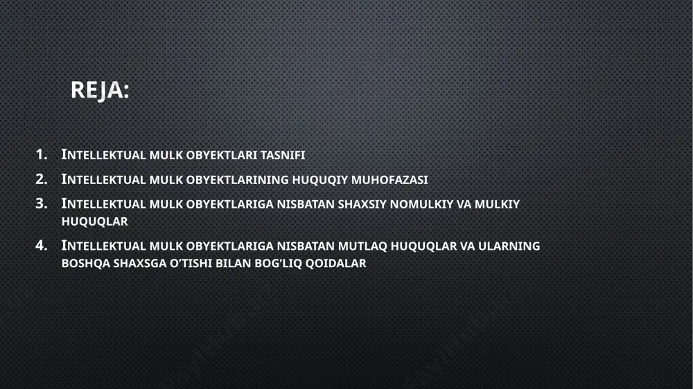 intellektual mulk obyektlari moddiy ko‘rinishda emas, balki, g‘oya, bilim, axborot shaklida namoyon boiadi. b) g‘oya, bilim shaklidagi intellektual mulk obyektiga odatdagi moddiy ashyoga egalik qilganday egalik qilish mumkin emas.; v) bunday obyektlardan bir vaqtning o’zida cheksiz doiradagi shaxslar foydalana olishi mumkin; g) intellektual mulk huquqi obyektlariga mulk huquqining muddatsizligi haqidagi qoida (fkning 164-moddasi) qoilanilmaydi. qonunlarda belgilangan muddatlar o’tishi bilan intellektual mulk huquqi sohibining intellektual mulkning muayyan obyektiga nisbatan huquqlari bekor boiadi va bu obyektlar umuminsoniy boylikka aylanib, har kim undan ma’lum shar tlar asosida (muallifining shaxsiy huquqlariga rioya qilgan holda) tekin va ruxsatsiz foydalanishga haqli boiadi; yo) intellektual mulk huquqi obyektlariga nisbatan odatdagi mulk huquqi emas, balki mutlaq huquqlar haqidagi qoidalar qo’llaniladi; j) intellektual mulk huquqining amal qilishi, ayni vaqtda, ma’lum hudud bilan ham chegaralangan bo’ladi. xususiyatlari intellektual faoliyat ijodiy faoliyat hisoblanadi. bu ko‘p hollarda aqliy mehnat kishilari — yozuvchilar, shoirlar, rassomlar, olimlar, muhandis-texnik xodim va boshqalar faoliyatining mahsullaridir. mahsullar …