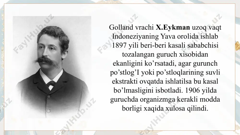 bo’ladi. b15 vitamini-pangamat kislota. pangamat kislota o’ziga xos hidli, biroz achchiq mazali, oq kukun holidagi modda. tarkibi quyidagicha: pangamat kislotaning tarkibi metil guruhiga boy bo’lganligi uchun u metil guruhlar tashilishida muhim rol o’ynasa kerak, deb taxmin qilinadi. b15 vitamini o’simlik mahsulotlarida, ayniqsa, ularning urug’ida ko’p bo’ladi. uning preparatlari yurak-tomir, teri kasalliklarini davolashda, shuningdek, xronik gepatitda ko’p ishlatiladi. b15 1950 yili bir qator o’simliklarni urug’laridan ajratib olingan. keyinchalik guruch, xamirturush, qoramol qonida, otning jigarida borligi aniqlangan. biologik vazifasi kislorod yetishmovchiligini oldini oladi. xolin, metionin, adrenalinni biosintezida ishtirok etadi. bc vitamin-folat kislota. folat kislota sariq rangli kristall modda, suvda yomon eriydi. foliy kislotasi tuzilishini uilyams 1941 yili isbotlagan. uning tarkibi pteridin, aminobenzoat va glutamat kislota qoldiqlaridan iborat. shuning uchun u pteroilglutamat kislota deb ham ataladi uning bir necha xil vakillari aniqlangan bo’lib, ular tarkibidagi glutamat kislota qoldig’ining soni bilan farqlanadi. uning qaytarilgan ko’rinishi tetragidrofolat kislota (h4f)ning asosiy biologik funksiyasi bir uglerodli guruhlarning …