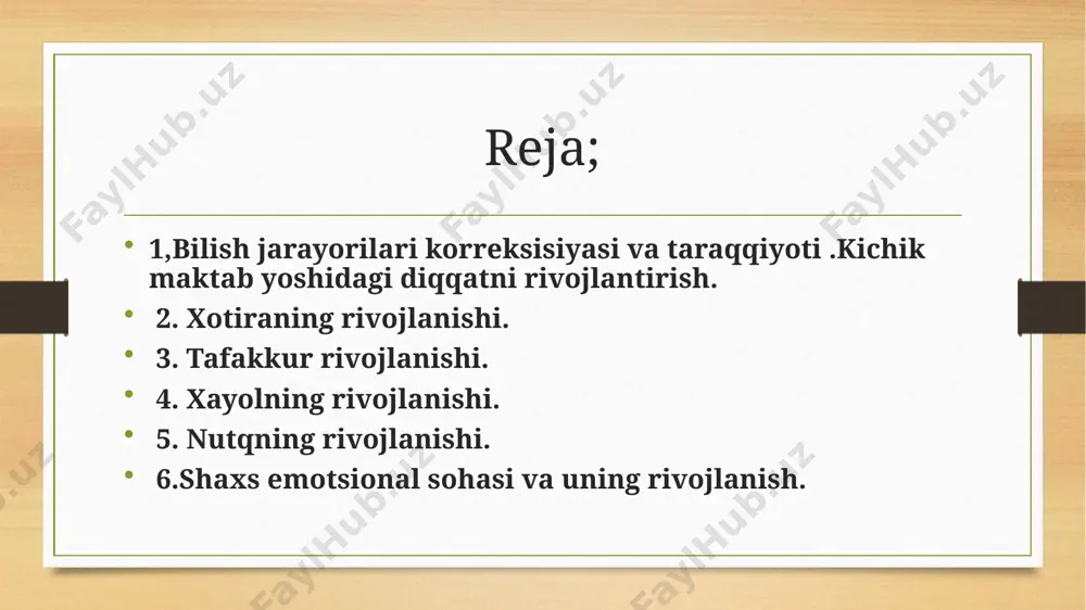 liyatga diqqatni qaratish va boshqa narsalarga chalg‘imaslik qobiliyatidir. diqqat, o‘zining hajmi, taqsimlanishi, barqarorligi kabi xususiyatlarga ega. kichik maktab yoshida diqqatni rivojlantirish, o‘quvchilarning psixologik holatini yaxshilash, o‘quv faoliyatining samaradorligini oshirish uchun juda muhimdir. diqqatni rivojlantirish usullari: "kim chaqqon?" mashqi: o‘quvchilar unli harflarni topish va ularni to‘g‘ri o‘rganishga harakat qilishadi. "kuzatuvchanlik" mashqi: o‘quvchilar o‘zi ko‘rgan yo‘lni batafsil tasvirlab berishadi. bu mashq ko‘rish va diqqatni rivojlantirishga yordam beradi. "korrektura" mashqi: xatoliklar topib, ularni to‘g‘rilash, diqqatni yaxshilash uchun foydali usuldir. "pashsha" o‘yini: pashsha o‘ynash orqali bolalar diqqatni o‘qishga va boshqarishga o‘rgatishadi. 3. xotira rivojlanishi xotira – bu bilish jarayonlaridan biridir va o‘tmishdagi tajribalarni eslab qolish, saqlash va qayta eslash qobiliyatini anglatadi. xotira rivojlanishi insonning bilim olishdagi muvaffaqiyatiga to‘g‘ridan-to‘g‘ri ta’sir qiladi. xotira turlari: ixtiyoriy xotira: ma’lum bir maqsadga erishish uchun xotirani faol ravishda ishlatish. ixtiyorsiz xotira: inson xotiraga o‘z xohishiga ko‘ra, faqat tabiiy ravishda yuzaga keladi. xotira turlari: obrazli, so‘zli, mantiqiy, emotsional xotira va boshqalar. …