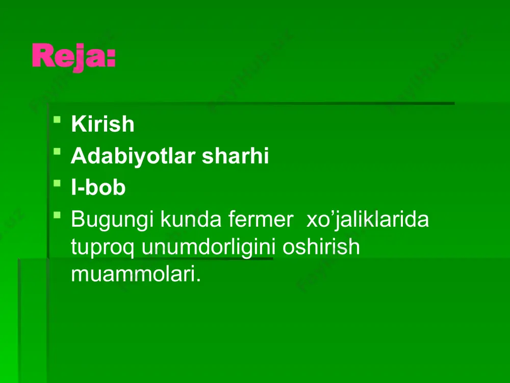 tiv holatini yaxshilash va muxofaza qilishning huquqiy asosini yaratish va takomillashtirishning imkonini berdi. mamlakatimiz agrar sohasi islohotlarni huquqiy jihatdan ta’minlash maqsadida bir qancha qonunlar qabul qilindi. shu jumladan, yer munosabatlarini huquq asosida rivojlantirish va tartibga solish, yerlardan oqilona foydalanish, tuproqning meliorativ holatini yaxshilash, unumdorligini oshirish, yer tuzish ishlari olib boorish, yerning sifat baholasini aniqlash, fermer xo’jaliklarini shakllantirish, ularning faoliyatiga baho berishga va hokazolarga qaratilgan. respublikamizda haydaladigan yerlarning 60%ga yaqini sho’rlangan bo’lib, bu erlar o’zining ekologik qiymatini muayyan darajada yo’qotgandir. bu yo’qotishlarning asosiy sababchisi jamiat bo’lib, demak shu jamiatning o’zi ekokomponentini oldingi sifatini qayta tiklashi zarurdir. prezidentimiz ta’kidlaganlaridek, ”yerni ko’paytirib bo’lmaydi,ammo uning asl tabiiy sifatini yo’qotmasligimiz shart”. sho’rlangan erdan olingan hosil unumdor erdan olingan hosilga qaraganda,uchdan ikki hissa kam bo’ladi. kanadada har bir gektar ekiladigan yerdan o’rtacha 3ming, angliyada 5,5, fransiyada 6,5,aqshda 7 ming, yaponiyada 19,5ming dollorlik foyda olinar ekan.1 bu misollardan yaqqol ko’rinib turibdiki, yerning sifati, tabiiy, asl holati saqlansagina, …