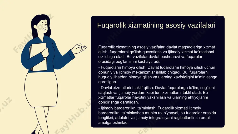 aloqalarni kuchaytirish fuqarolar bilan aloqalarni kuchaytirish maqsadida, kommunikatsiya strategiyalarini takomillashtirish va fuqarolarning fikr-mulohazalarini inobatga olish zarur. bu, fuqarolarning ishtirokini oshirish va ularning ehtiyojlariga yanada yaxshiroq javob berish imkonini yaratadi. shuningdek, boshqa mamlakatlarning tajribasi asosida fuqarolar bilan samarali muloqot usullarini joriy qilish mumkin. fuqarolik xizmatining tarixiy rivojlanishi fuqarolik xizmatining boshlanishi: davlat boshqaruvi asoslari. tarixiy bosqichlar va o'zgarishlar: fuqarolik xizmati qadimiy davrlardan boshlangan. dastlabki davlat tizimlarida u muhim rol o'ynagan va zamon bilan birga rivojlangan. o'zgarishlar fuqarolik xizmatining vazifalari va tartiblarini yangilab, zamonaviy talablarga moslashtirgan. muqaddas kitoblar va dastlabki hujjatlar: muqaddas kitoblar fuqarolik xizmatining tamoyillarini belgilaydi. ular davlat boshqaruvi va fuqarolar o'rtasidagi munosabatlarni tartibga soluvchi asosiy hujjat sifatida xizmat qilgan. zamonaviy fuqarolik xizmatining tuzilishi hozirgi kunda fuqarolik xizmatining asosiy elementlari: boshqaruv, qonunchilik, inson resurslari, moliya, texnologiya. boshqaruv tizimi davlat siyosatini amalga oshirish uchun muhimdir, qonunchilik esa fuqarolik xizmatining asosiy prinsiplari va me'yorlarini belgilaydi. inson resurslari malakali xodimlarni ta'minlaydi, moliya esa xizmatlar sifatini …