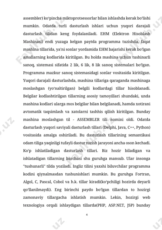 yaratishga mo‘ljallangan, keyinchalik esa gnu/linux hamda kylix tizimlari uchun moslashtirildi, lekin 2002-yilgi kylix 3 sonidan so‘ng ishlab chiqarish to‘xtatildi, ko‘p o‘tmay esa microsoft.net tizimini qo‘llab quvvatlashi to‘g‘risida e’lon qilindi. lazarus proekti amaliyotidagi (free pascal) dasturlash tili delphi dasturlash muhitida gnu/linux, mac os x va windows ce platformalari uchun dasturlar yaratishga imkoniyat beradi. visual basic (talaffuzi: "vijual beysik") – microsoft korporatsiydan dasturlash tili va uning uchun dasturlash muhitdir. u basicdan ko‘p tushunchalar oldi va tez rasmli interfeys bilan dasturlar taraqqiyot ta’minlaydi. oxirgi versiya 6.0 1998 yilda reliz kelishdi. microsoftdan voris visual basic .net 2002 yilda paydo bo‘ldi. java dasturlash tili - eng yaxshi dasturlash tillaridan biri bo‘lib unda korporativ darajadagi mahsulotlarni(dasturlarni) yaratish mumkin.bu dasturlash tili oak dasturlash tili asosida paydo bo‘ldi. oak dasturlash tili 90-yillarning boshida sun microsystems tomonidan platformaga(operatsion tizimga) bog‘liq bo‘lmagan holda ishlovchi yangi avlod aqlli qurilmalarini yaratishni maqsad qilib harakat boshlagan edi. bunga erishish uchun sun hodimlari c++ …
