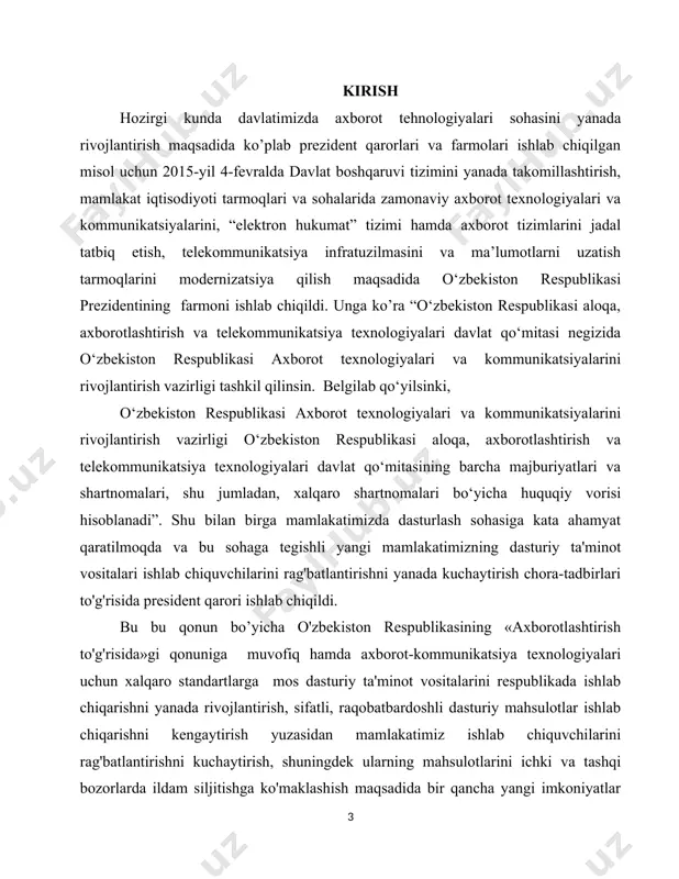 aqobatbardoshli bo'lgan, sifatli milliy dasturiy mahsulotlarni ishlab chiqishni rag'batlantirish; iqtisodiyot tarmoqlari va sohalarining real ehtiyojlarini hisobga olgan holda dasturiy mahsulotlar ishlab chiqishning ustuvor yo'nalishlarini belgilash; mamlakatimiz dasturiy mahsulotlar ishlab chiquvchilarining manfaatlarini ifodalash, ularga o'z mahsulotlarini ichki va tashqi bozorlarda ildam siljitishda ko'mak berish” kabi bandlari mavjud. kurs ishining dolzarbligi. hozirgi kunda ta’lim soxasiga axborot kommunikatsiya texnologiyalari jadal tarzda kirib kelmoqda. elektron dekanat, interaktiv onlayn darslar, onlayn kompilyatsiya tizimlari va boshqalar ta’lim soxasining sifat jihatdan yuqorilab borishiga zamin yaratib bormoqda. ushbu tizim o’qituvchi va dekanat tomonidan ijarada turuvchi talabalar haqidagi ma’lumotlarni saqlash va kerakli vaqtda chiqarib olish imkoniyatini beradi. kurs ishining maqsadi. korxona hodimlarini hisobga oluvchi tizimni avtomatlashtrgan holatda foydalanuvchilarga yengillik yaratishdan iboratdir. 1.1 web ilovalarni ishlab chiqishning ahamyati biz xxi asr axborot texnologiyalari asrida yashar ekanmiz , ushbu vaqt va makonda bo`layotgan o`zgarishlar , rivojlanishlarga bevosita bo`gliq bo`lamiz. barchamizga sir emaski, hozirgi kunga kelib internet biznes(tadbirkorlik) makoniga aylanib bo`ldi va …