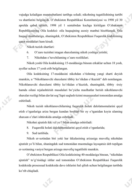ugatilishi mumkin. o’zbekiston respublikasi oila kodeksining 40-moddasiga binoan, “nikohdan ajratish” to’g’risidagi ishlar sud tomonidan o’zbekiston respublikasi fuqarolik kodeksida prosessual kodeksida davo ishlarini hal qilish uchun belgilangan tartibda ko’rib chiqiladi. nikohdan fuqarolik holati dalolatnomalarini qayd etish o’rganlarida ajratilganda fuqarolik holati dalolatnomalarini qayd etish o’rganida nikohdan ajratilganlik ro’yhatga olingan kundan, nikohdan sudda ajratilganda esa, sudning hal qiluvchi qarori qonuniy kuchga kirgan kundan boshlab nikoh tugatiladi. er-xotinning mulkiy huquq va majburiyatlari o’zbekiston respublikasining fuqarolik va oila kodekslari normalari bilan tartibga solinadi. er-xotining mulkiy munosabatlarini tartibga solishning ikki xil usuli mavjud: 1. er-xotin mulkining qonuniy tartibi; 2. er-xotin mulkining shartnomaviy tartribi. er-xotin mulkining qonuniy tartibi shundaki, er-xotin nikoh davomida birgalikda orttirgan mol mulklari egalik qiladilar, undan foydalanadilar va bu mulkni tasarruf etadilar. er va xotinning har birining mulki nikohga qadar o’ziga tegishli bo’lgan mol-mulk, shuningdek, ulardan har birining nikoh davomida hadya, meros tariqasida yoki boshqa bepul bitimlar asosida olgan mol-mulkidir (oila kodeksining 25-moddasi).oila kodeksining …