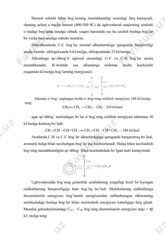 nmagan zarrachalar bo`lib, yuqori reaksion qobilyatga ega. turli radikallarning barqarorligi quyidagi qatorga pasayadi: radikallarning reaksion qobilyati esa shunday ketma-ketlikda oshadi. radikallarning quyidagi reaksiyalarni farqlaydilar. polyani semyonov qoidasiga binoan uglevodorodli radikallarning uglevodorodli molekulalar bilan reaksiyalarining faollanish energiyasi ea(kj/molga) reaksiyaning issiqlik effekti q bilan quyidagi nisbatlar bilan bog`langan: ekzotermik reaksiyalar uchun ea= 48-0,25q; endotermik reaksiyalar uchun ea= 40+0,75q; metil radikalining propilen bilan mumkin bo`lgan bir nechta reaksiyalarining faollanish energiyasini hisoblash quyidagi natijalarni olishga imkon berdi. bir xil eksponensial oldi ko`paytiruvchilar bo`lganda faollanish energiyasi orasidagi 25 kj/molga farq 7000c tezlik konstantalarida taxminan β0 martaga to`g`ri keladi, yani birinchi reaksiya ikkinchisi va uchinchisiga qaraganda 20 marta tez amalga oshadi. alkil radikallarning alkanlar bilan reaksiyalarining faollanish energiyasi r+ch3ch2ch2ch3 → rh+ch3ch2chch3 40-50 kj/molni tashkil qiladi. turli vodorod atomlarini radikallar bilan tortib olish reaksiyalarining faollanish energiyasini bilib turib berilgan haroratda reaksiya tezliklarining konstantalarini va ularning nisbatini aniqlash mumkin. nisbiy tezlikni molekuladagi birlamchi, ikkilamchi va uchlamchi vodorod atomlarining …