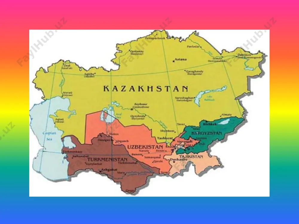 li rahmon. bosh vazir oqil oqilov. turkmaniston (turkmancha. türkmenistan), turkmaniston respublikasi (turkmancha. türkmenistan respublikasy) - o`rta osiyoning jan.g`arbida joylashgan davlat. mayd. 488,1 ming km². aholisi 5,113 mln. kishi (2013). poytaxti — ashxobod sh. maʼmuriy jihatdan 5 viloyatga, viloyatlar etrap (tuman )larga bo`linadi. o`zbekiston (rasman: o`zbekiston respublikasi) — o`rta osiyoning markaziy qismidagi mamlakat. o`zbekistonning poytaxti - toshkent shahri. davlat tili - o`zbek tili. maydoni — 448,900[4] km2. aholi soni (2012) — ↗30,183,400[5] . pul birligi — so`m. o`zbekiston respublikasi 12 ta viloyat va qoraqalpog`iston respublikasidan iborat. o`zbekiston - mustaqil, xalqparvar, dunyoviy, konstitutsiyaviy davlat. mamlakatning rasmiy tili o`zbekcha. o`zbekiston mdh, bmt, yxht, va shht a'zodir. sovetlar davrida bu hududga o‘rta osiyo va qozog‘iston atamasi qo‘llanilgan. lekin, 1991 yilda mustaqillikka erishilgandan keyin, ham ushbu davlatlar, ham horijiy davlatlar markaziy osiyo atamasini qo‘llana boshlashdi. 1992 yilda besh davlat rahbarlari rasmiy uchrashuvida markaziy osiyo atamasini qabul qilishdi. hozirda, bu atama dunyo hamjamiyati tomonidan qabul qilingan. …