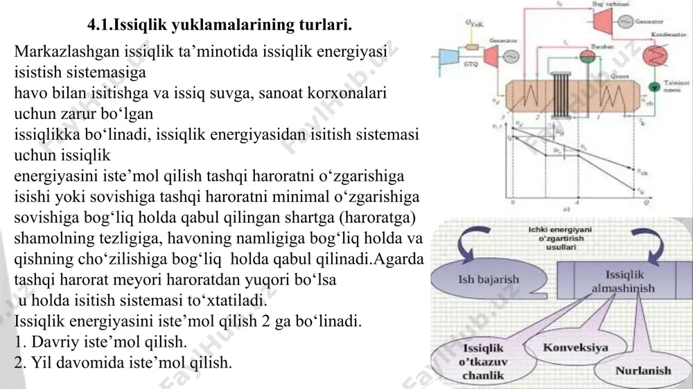 minoti tashki issiqlik tarmogiga kushilmaydi. isitish va issiq suv ta’minoti maxalliy taksimlash tizimi issiqlik quvurlari minimal uzunlikka ega. isitish uchun, ba’zan issiq suv ta’minoti uchun ham issiqlik energiyasining iste’molini issiqlik generatorlari ta’minlaydi. manbadan olinayotgan issiqlik bevosita isitish tizimiga yoki issiq suv ta’minoti tizimiga uzatiladi. maxalliy issiqlik ta’minotida issiqlik generatorlari sifatida, organik turga kiruvchi barcha turdagi yokilgilarda (kattik, suyuk, gazsimon) ishlovchi, qozon va qozon – plitalardan; gazsimon yokilgida ishlovchi xavoli isitishga ega muxtor kalorifer qurilmalaridan; elektrokaloriferlar, elektr nurlagichlar va elektroradiatorlardan, hamda issiq suv ta’minoti uchun egri quvurlar urnashtirilgan pech va plitalardan foydalaniladi. 14.3.issiklik tarmog‘i sxemalari iste’molchilarning soniga karab, ularning issiklik energiyasiga bulgan extiyojiga karab, xamda issiklik ta’minotining uzluksizligi va sifatliligi talablariga kura mijozlarning anik talablaridan kelib chikib issiklik tarmoklari radial (berk) yoki aylanma kilib tayyorlanadi. berk sxema ancha keng tarkalgan. u poselka, kvartal yoki butun shaxarning issiklik energiyasiga bulgan talabini yagona manbadan – issiklik elektr markazidan yoki kozonxonadan kanoatlantirish uchun kullaniladi. …